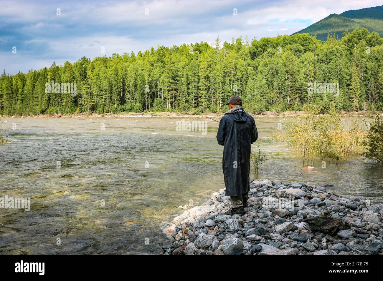Ein Fischer mit einer Spinnrute zieht den gefangenen Fisch aus dem Fluss. Gebirgsfluss, Sommerlandschaft. Stockfoto