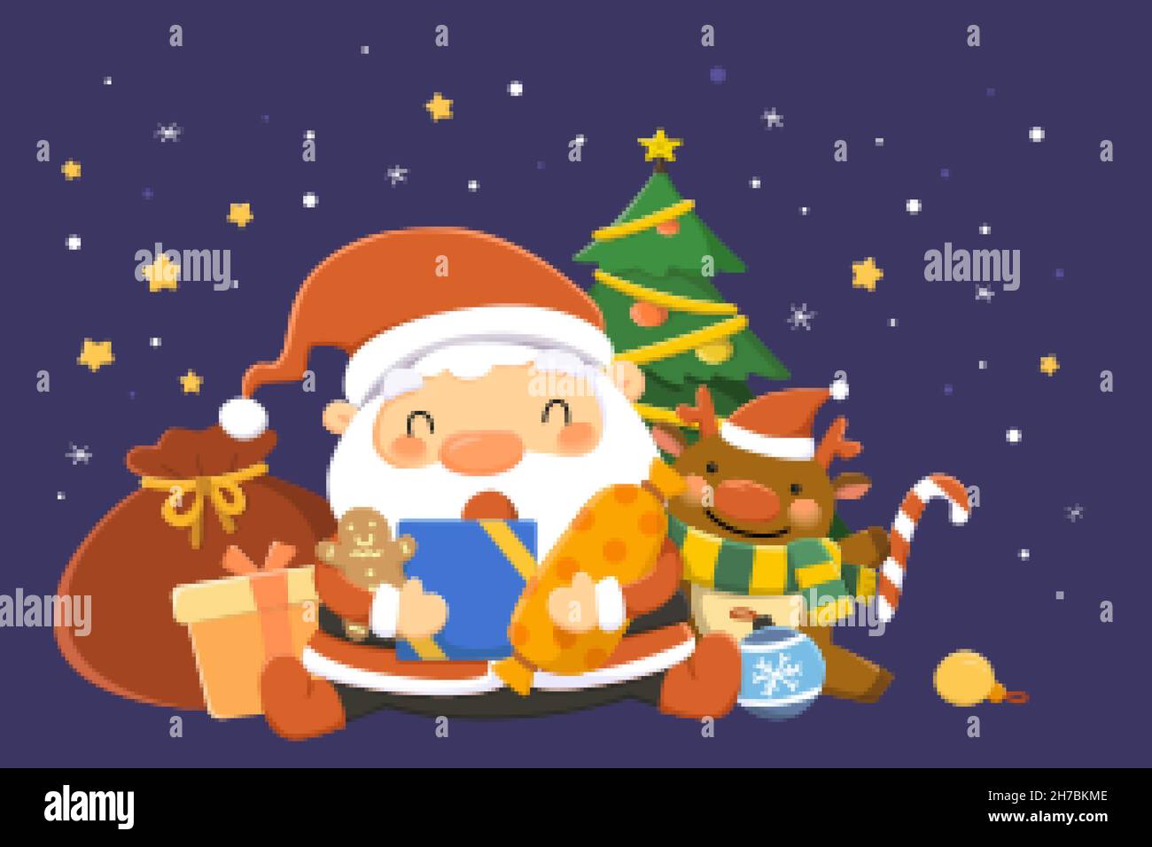 Weihnachtsmann mit Geschenken. Flache Illustration von Santa Claus hält Lebkuchenmann, Geschenke und gepunktete eingewickelte Süßigkeiten als Empfang Urlaub Überraschungen Stock Vektor