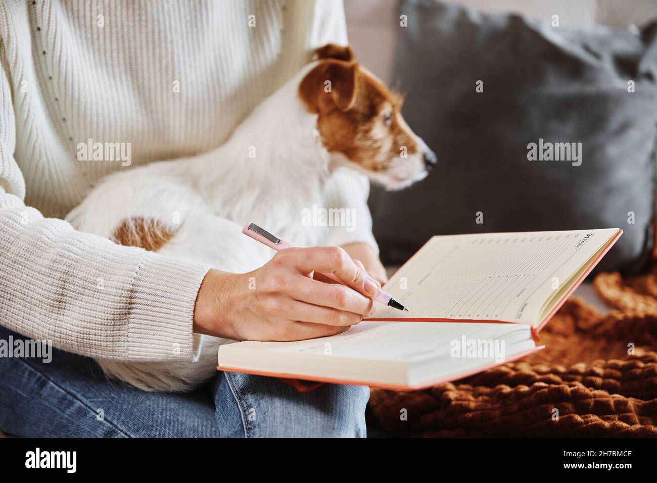 Frau, die zu Hause mit ihrem Hund arbeitet. Weibliche Hand schreiben Notizen in Notizbuch Stockfoto