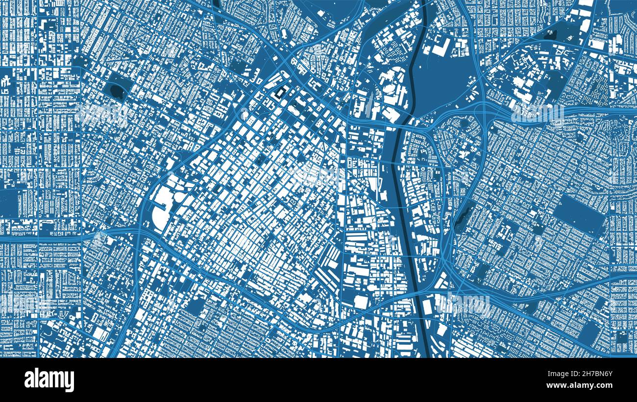 Blue Los Angeles City Area Vektor-Hintergrundkarte, Straßen und Wasserkartographie Illustration. Breitbild-Proportion, digitale Flat-Design-Streetmap. Stock Vektor