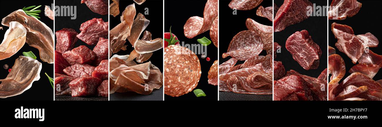 Fleischprodukte Collage, Set aus Speck, geräucherter Wurst, Schinken und rohem Rindfleisch Stockfoto