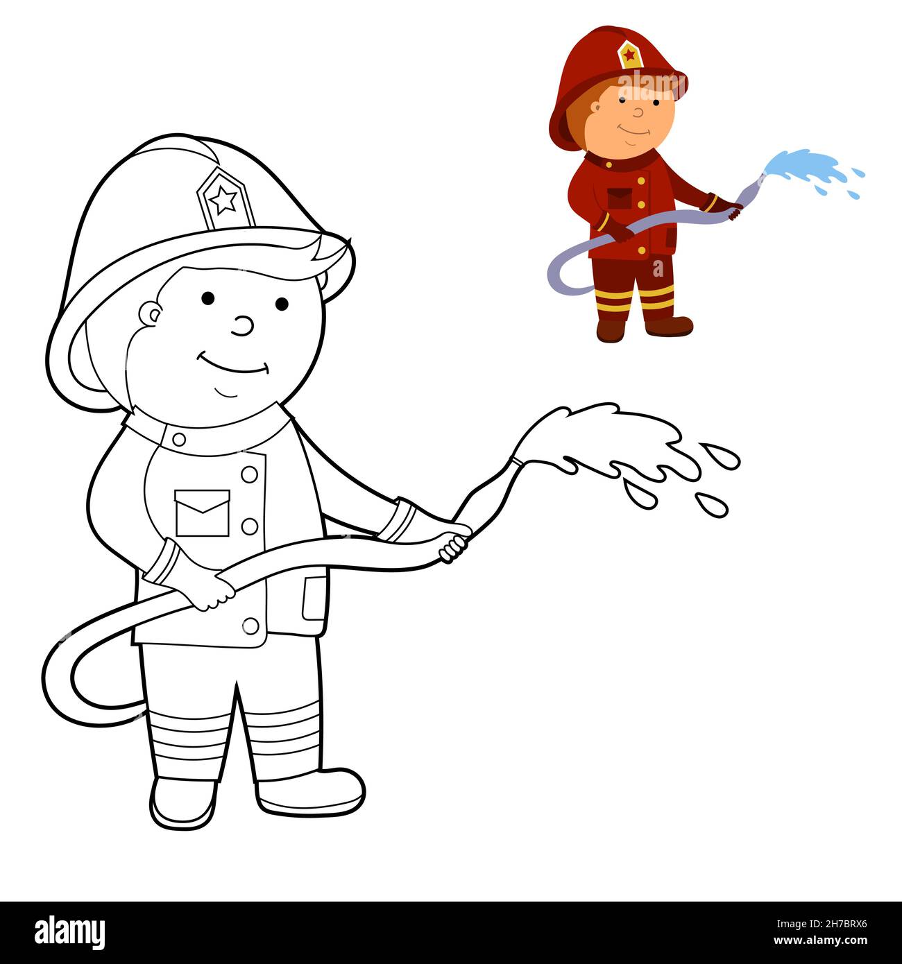Malbuch. Farbe es nach dem Muster. Illustration eines Feuerwehrmann, Vektor isoliert auf weißem Hintergrund. Stock Vektor