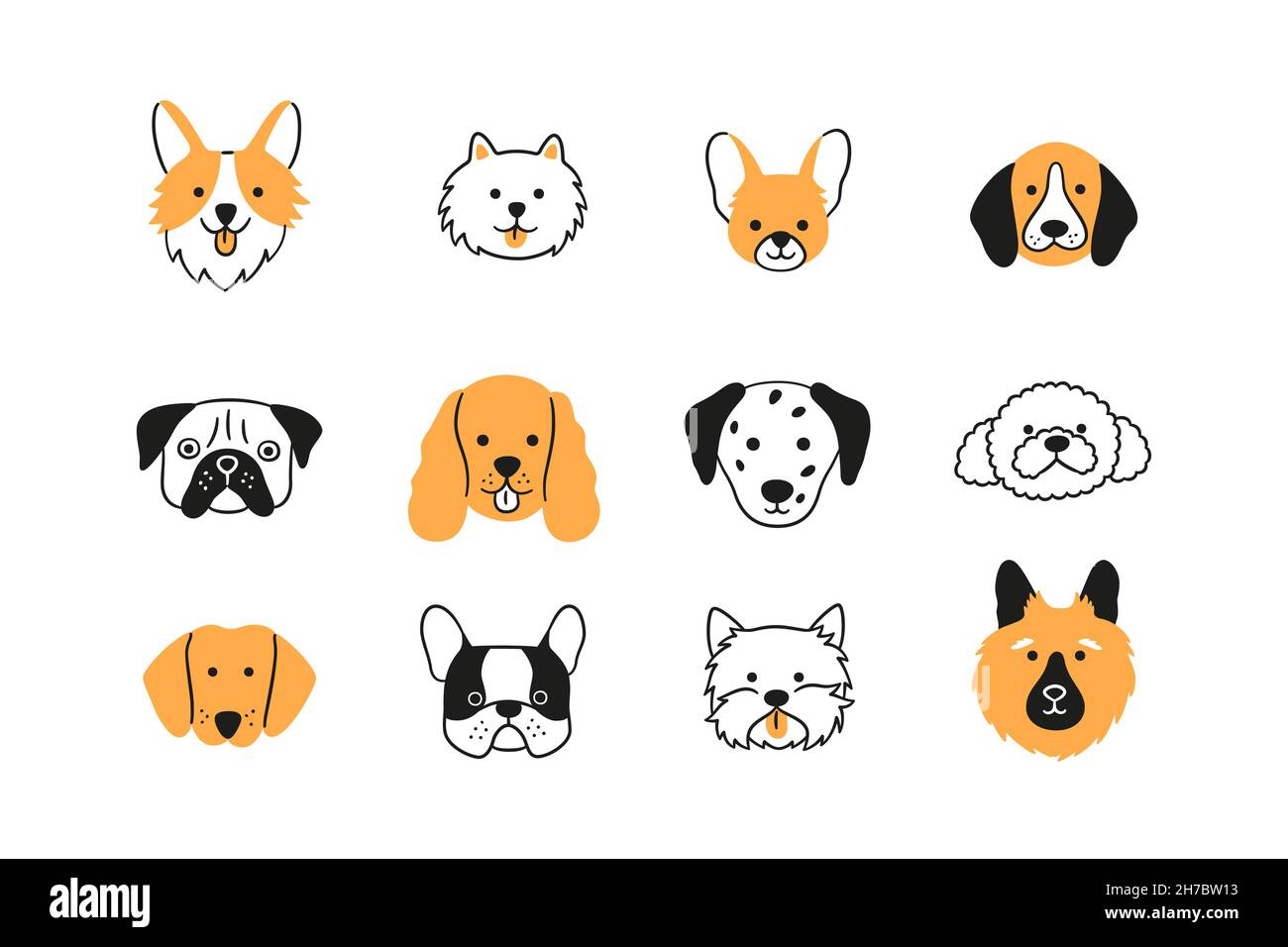 Gesichter von verschiedenen Rassen Hunde eingestellt. Corgi, Beagle, Spitz Chihuahua, Terrier, Spaniel, Pudel, Dalmatiner. Sammlung von Doodle Hundeköpfen. Von Hand gezeichnet Stock Vektor