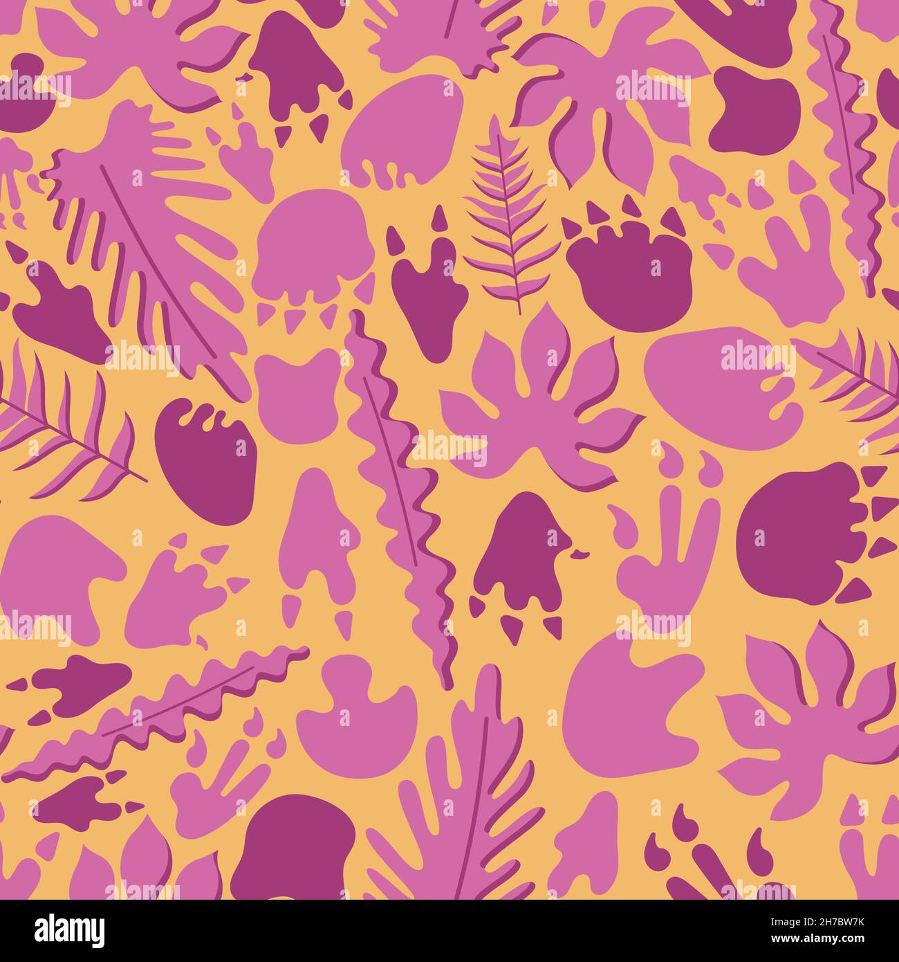 Nahtloses Muster aus Dschungelblättern, Dinosaurier-Fußabdruck für den Kindergarten in einem flachen Stil isoliert auf einem gelben Hintergrund. Stock Vektor