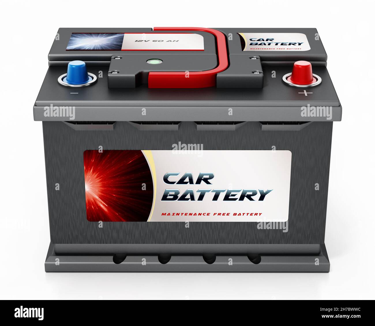 Generische Autobatterie auf weißem Hintergrund isoliert. 3D Abbildung. Stockfoto