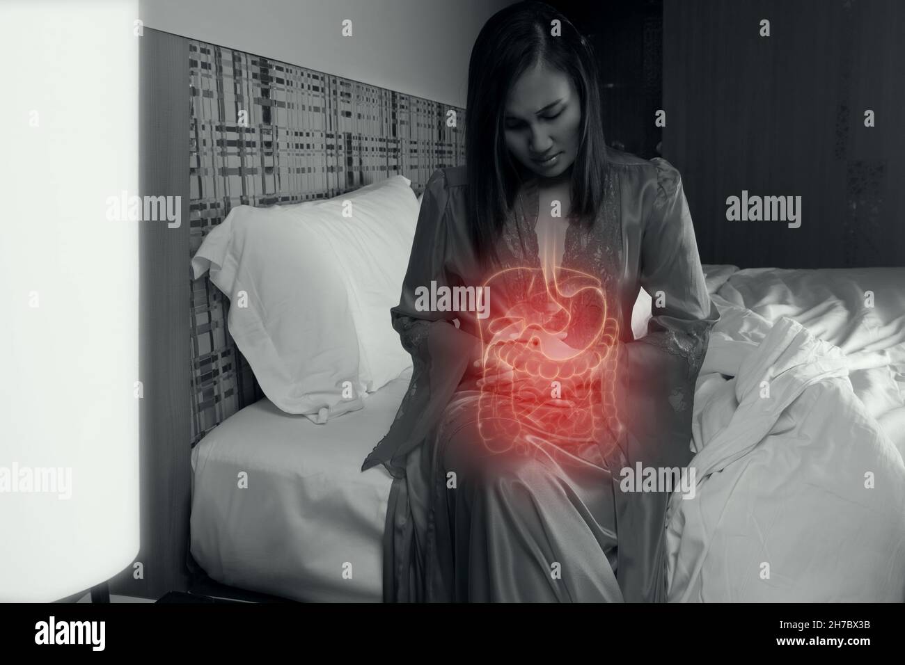Die Darstellung der inneren Organe ist am Körper der Frau zu sehen. Geschäftsfrau berührt Magen schmerzhaft leiden an Enteritis. Innere Organe des Menschen Stockfoto