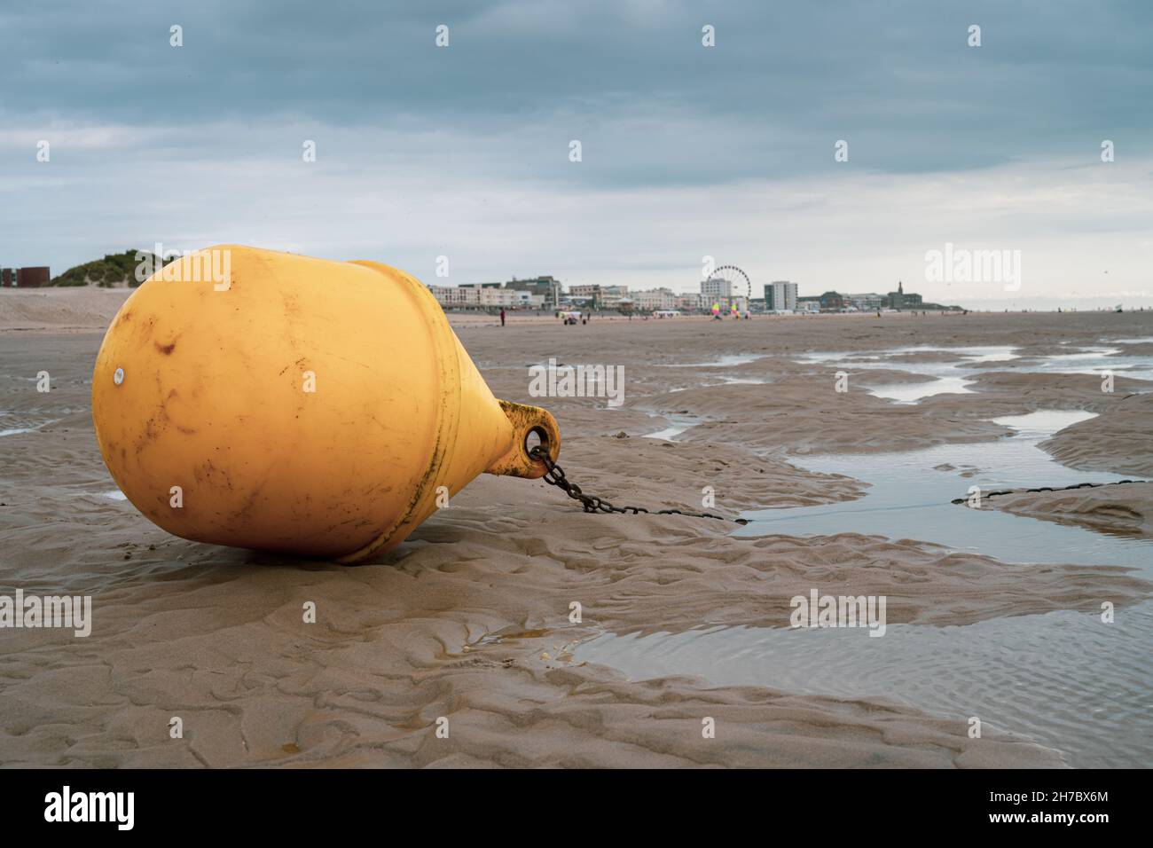 Gelbe Boje mit rostiger Ankerkette am Strand von Berck sur mer in Frankreich. Stockfoto