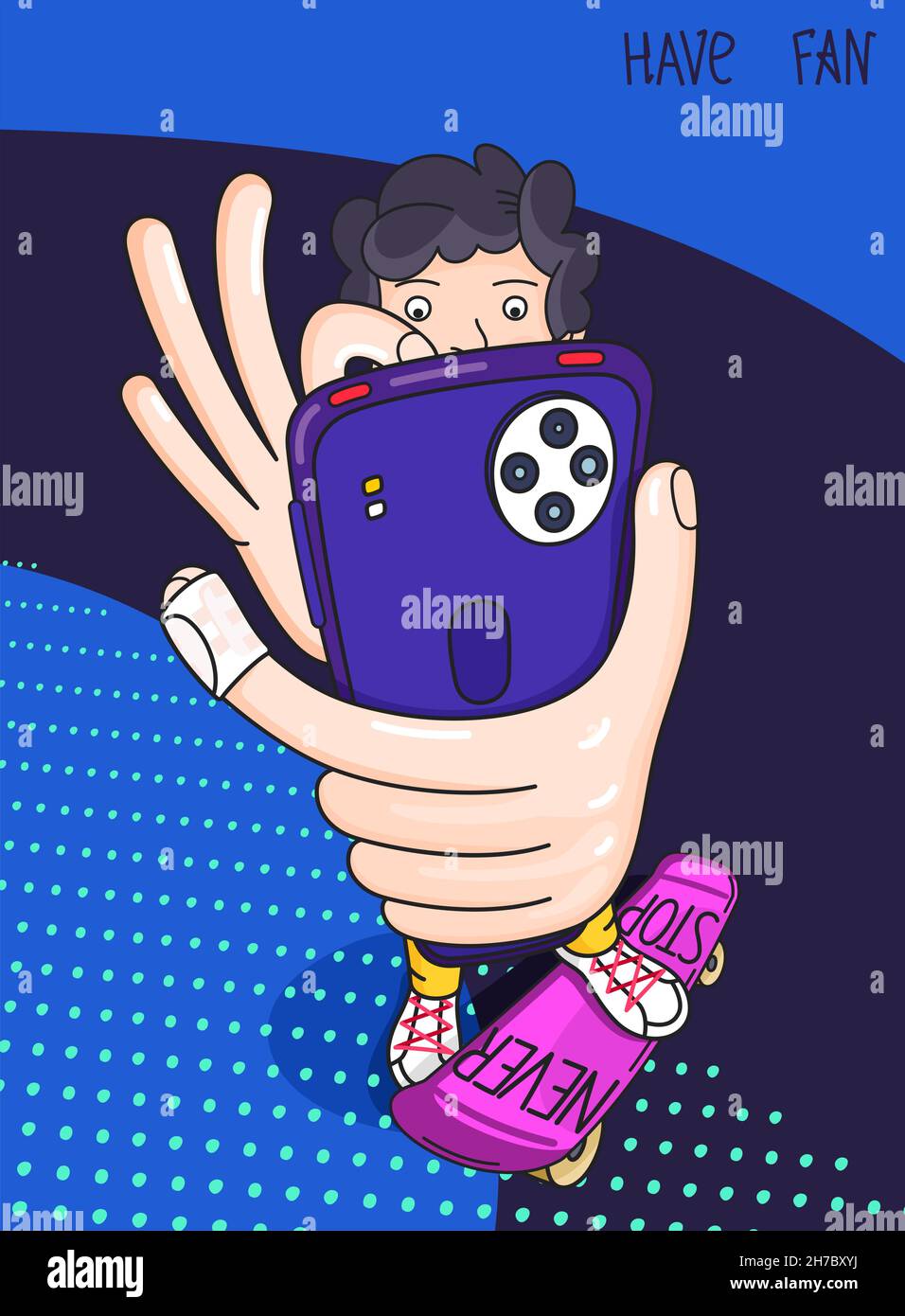 Der Spieler spielt Videospiele auf einem Mobiltelefon. Cartoon-Illustration. Vektorgrafiken Stock Vektor