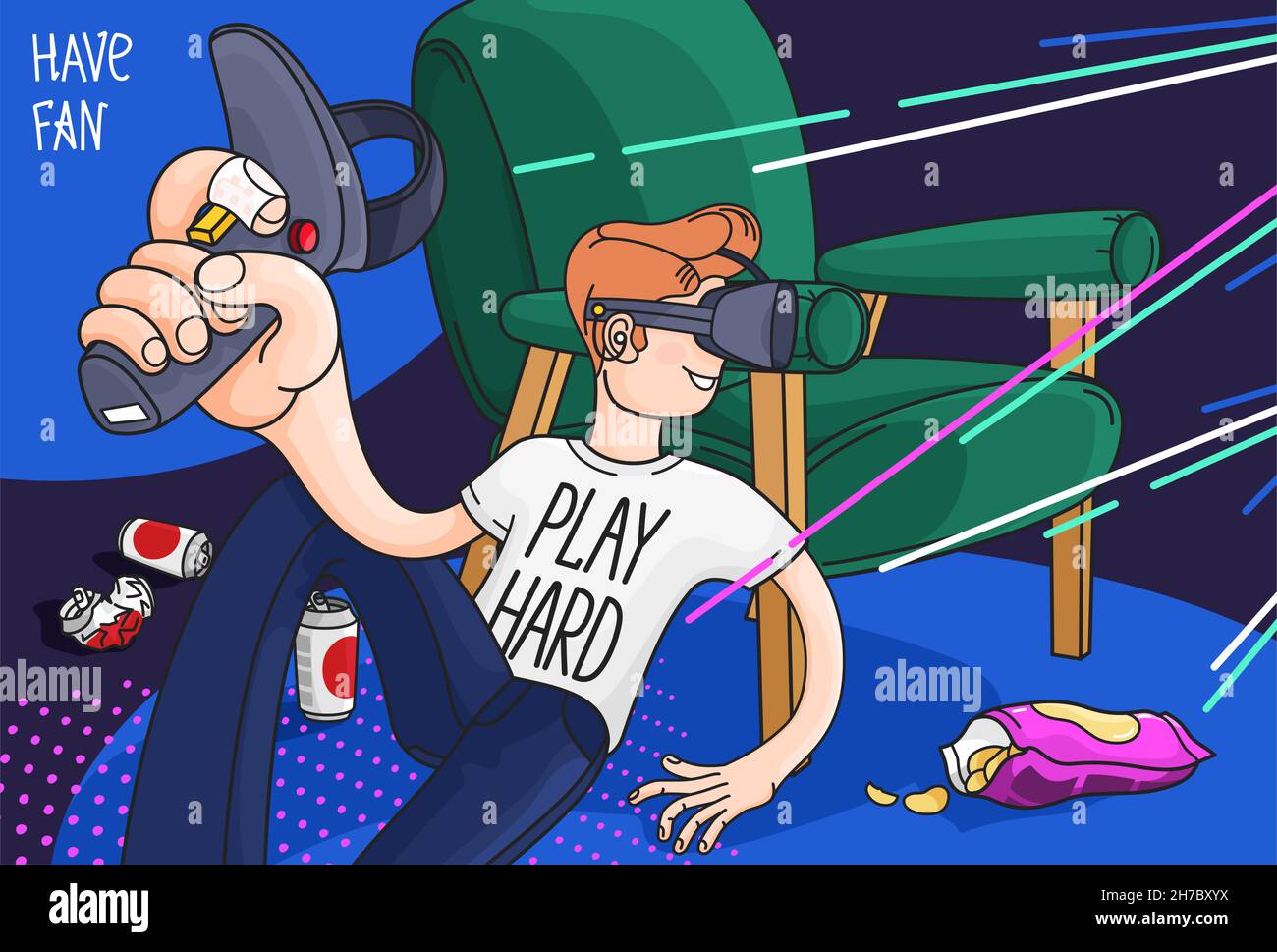 Der Spieler spielt Videospiele. VR. Cartoon-Illustration. Vektorgrafiken Stock Vektor