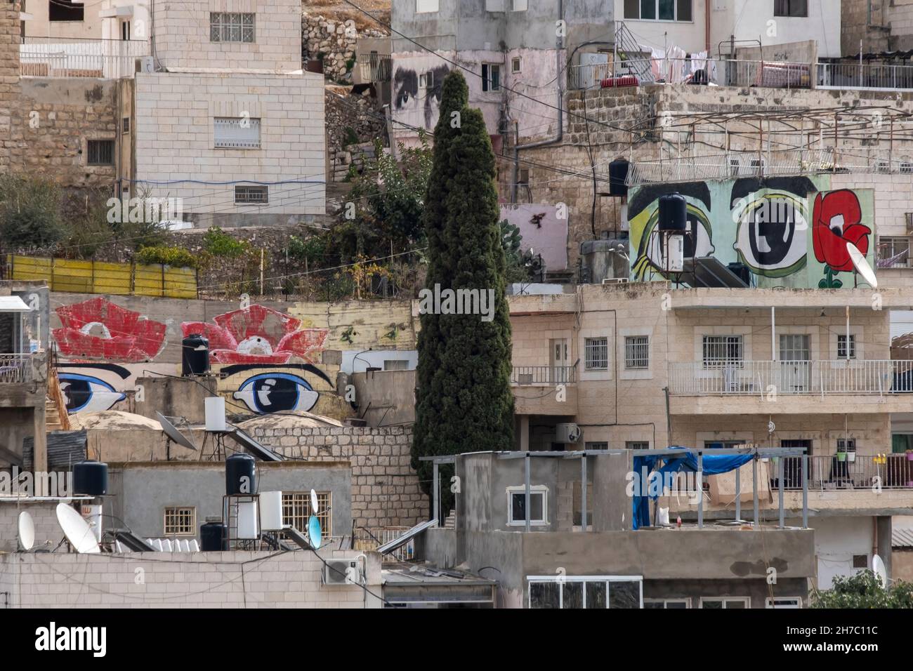 Die Fassade der Häuser, die in Form von Augen gemalt wurden, ist Teil des internationalen öffentlichen Kunstprojekts „Ich bin Zeuge von Silwan“, das Silwans langjährigen Kampf gegen Enteignungen unterstützt, der im Stadtteil Batan al-Hawa in Silwan, einem überwiegend palästinensischen Dorf am Rande der Altstadt in Ostjerusalem, Israel, stattfindet. Stockfoto