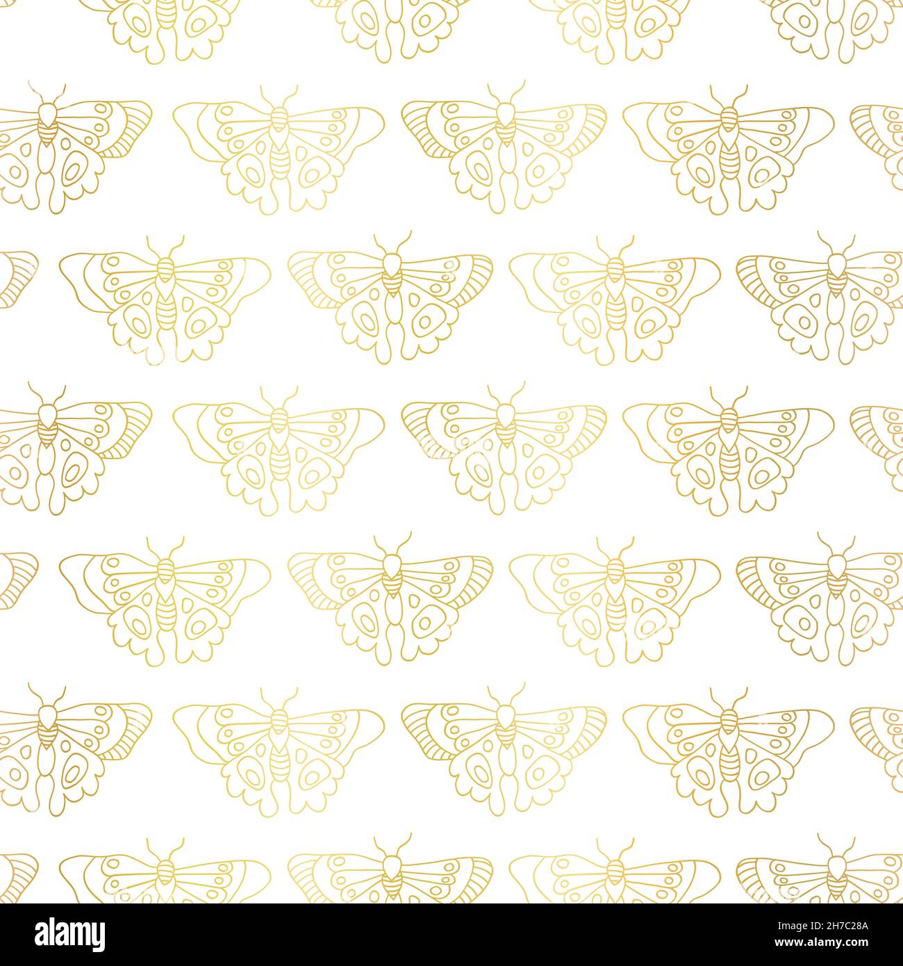 Golden Butterflies nahtlose Vektor-Muster Gold Metallic-Folie-Effekt. Schmetterling Hintergrund Linie Kunst Schmetterlinge auf weiß. Elegantes handgezeichnetes Design Stock Vektor
