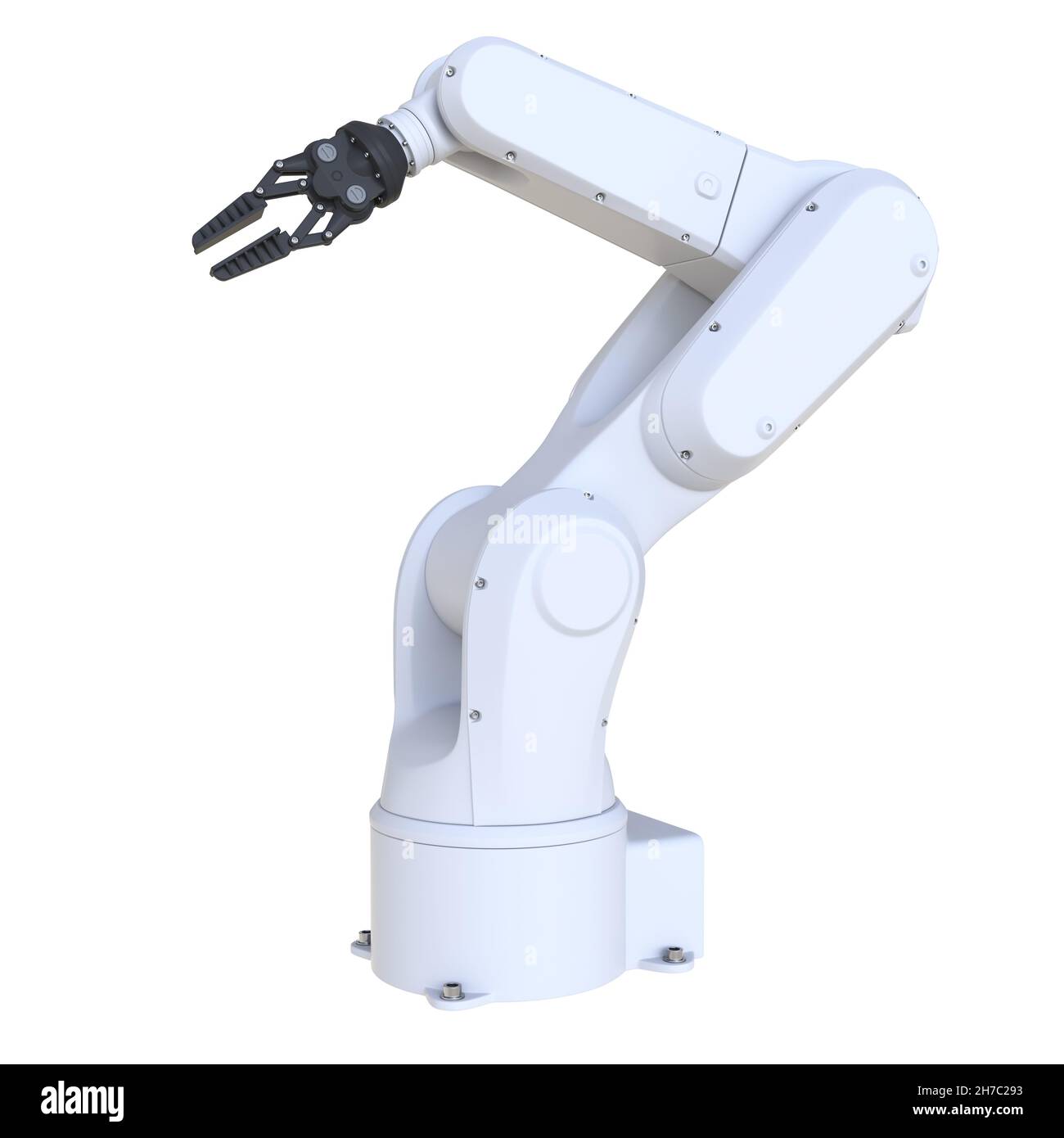 Industrieller Roboterarm isoliert auf Weiß. 3D Abbildung Stockfoto