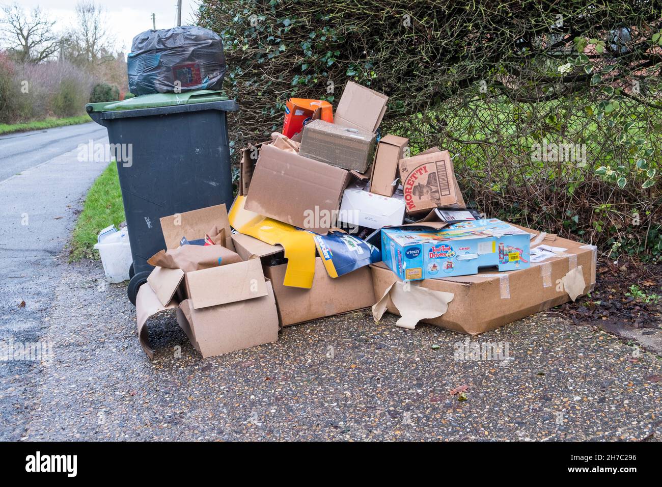 Nach Weihnachten Müll für den grünen Papierkorb recyceln. Hauptsächlich Kartonverpackungen. Stockfoto