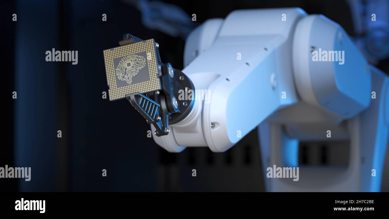 High-Tech-Roboterarm, der eine Prozessoreinheit für künstliche Intelligenz im Griff hält. 3D Abbildung Stockfoto