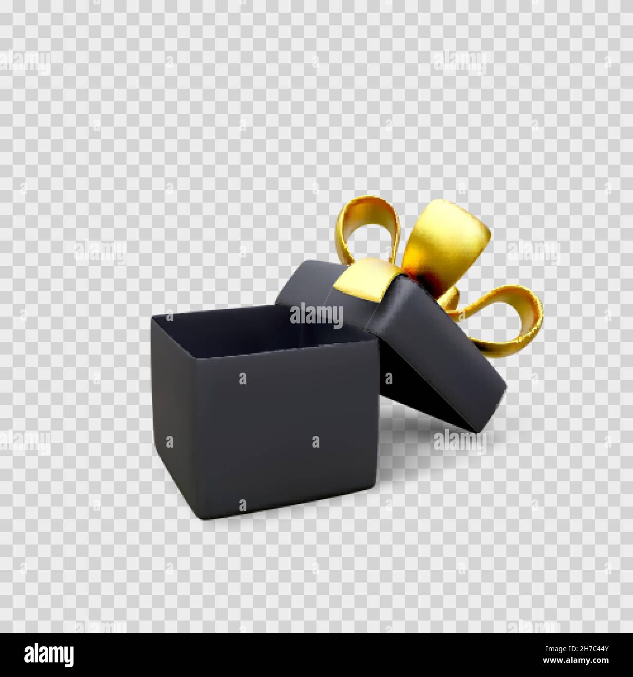 Offene Geschenkbox mit goldenem Band und Schleife. 3D Geschenk Box Dekoration Design-Element. Vektordarstellung auf transparentem Hintergrund isoliert Stock Vektor