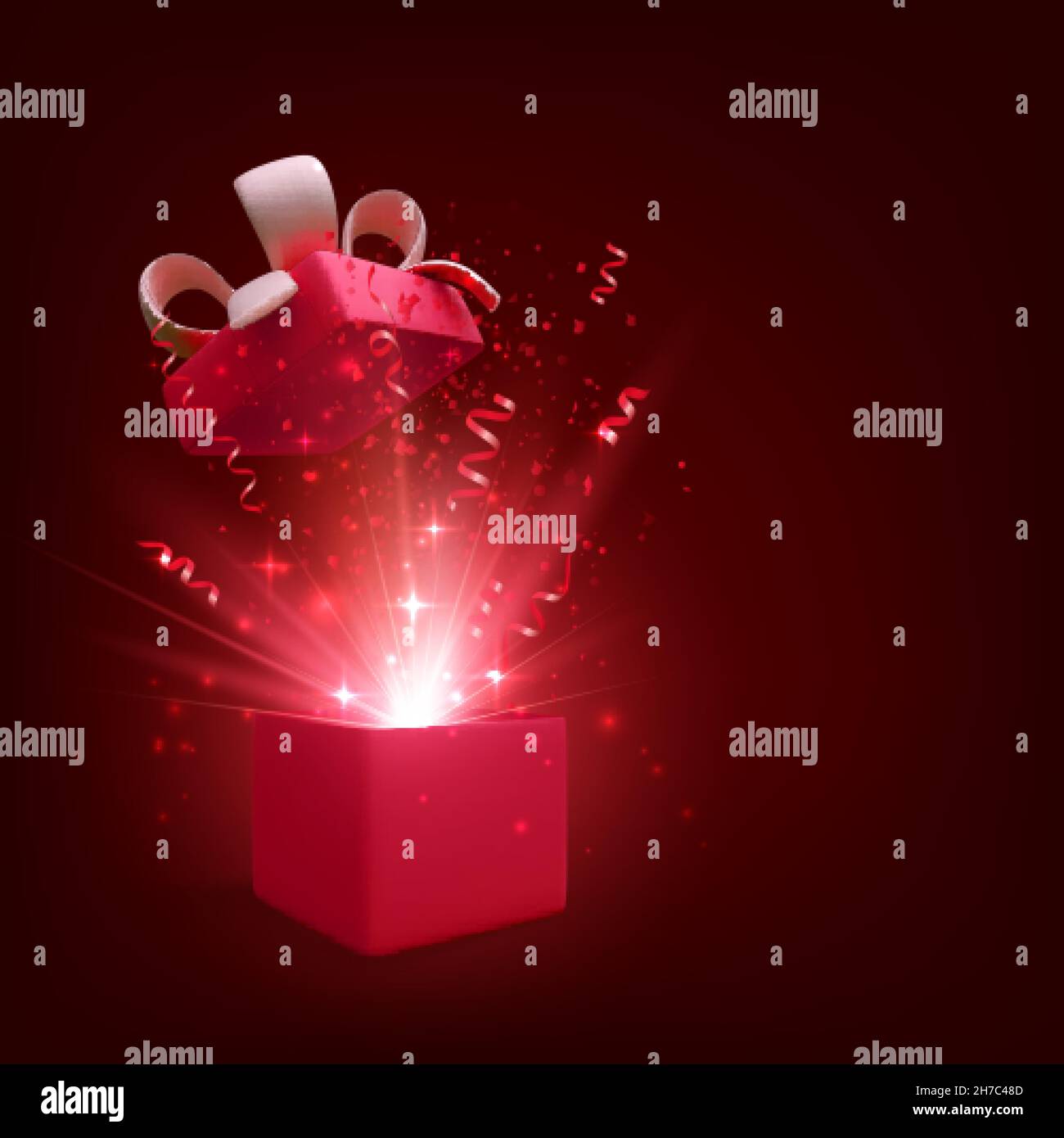 Offenes Geschenk mit Feuerwerk und Glitzer. Geschenk Box Dekoration Design-Element. Weihnachtsbanner mit roter offener Box. Vektorgrafik Stock Vektor