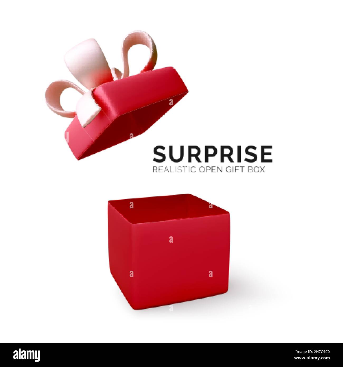 Geschenkbox. Rote realistische Geschenk- oder Überraschungskiste. 3D offene rote Geschenk-Box Dekoration Design-Element. Weihnachtsbanner mit offener Box. Vektorgrafik Stock Vektor