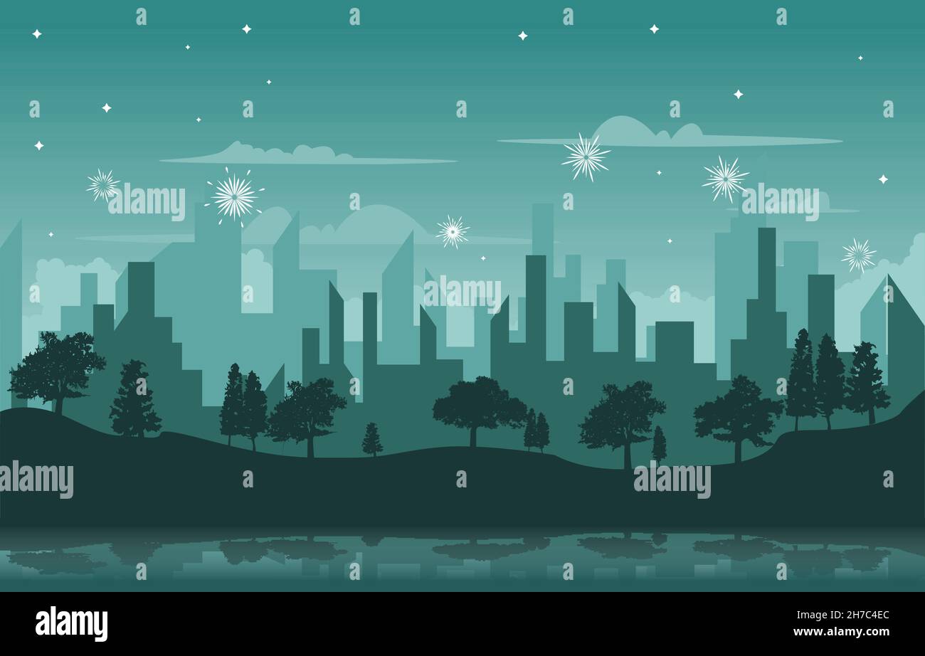 Schneefall Stadtgebäude Neujahrsfeier Karte Vektor Illustration Stock Vektor
