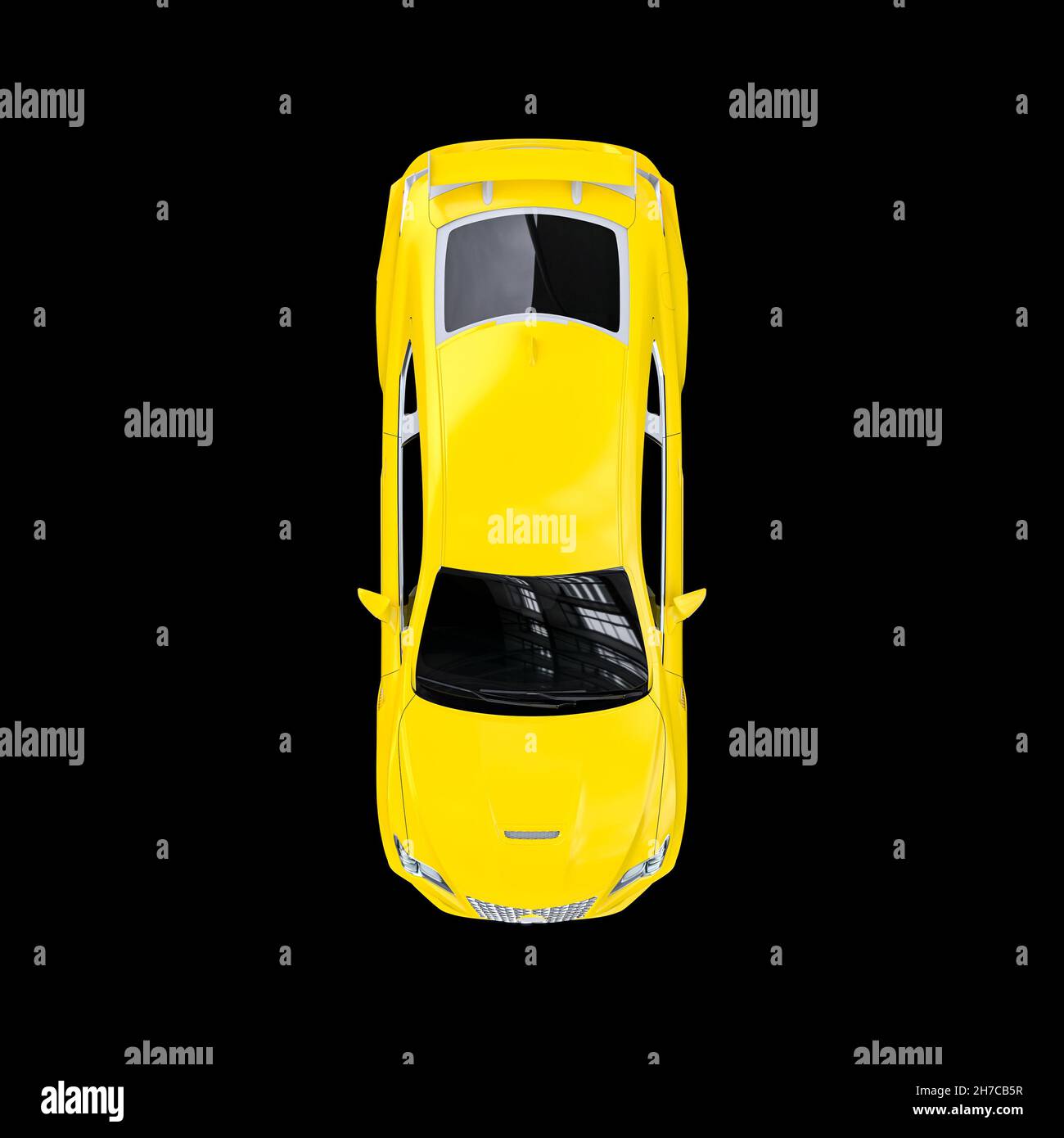 Gelber Sportwagen auf schwarz. Blick von oben. 3D Rendern Stockfoto