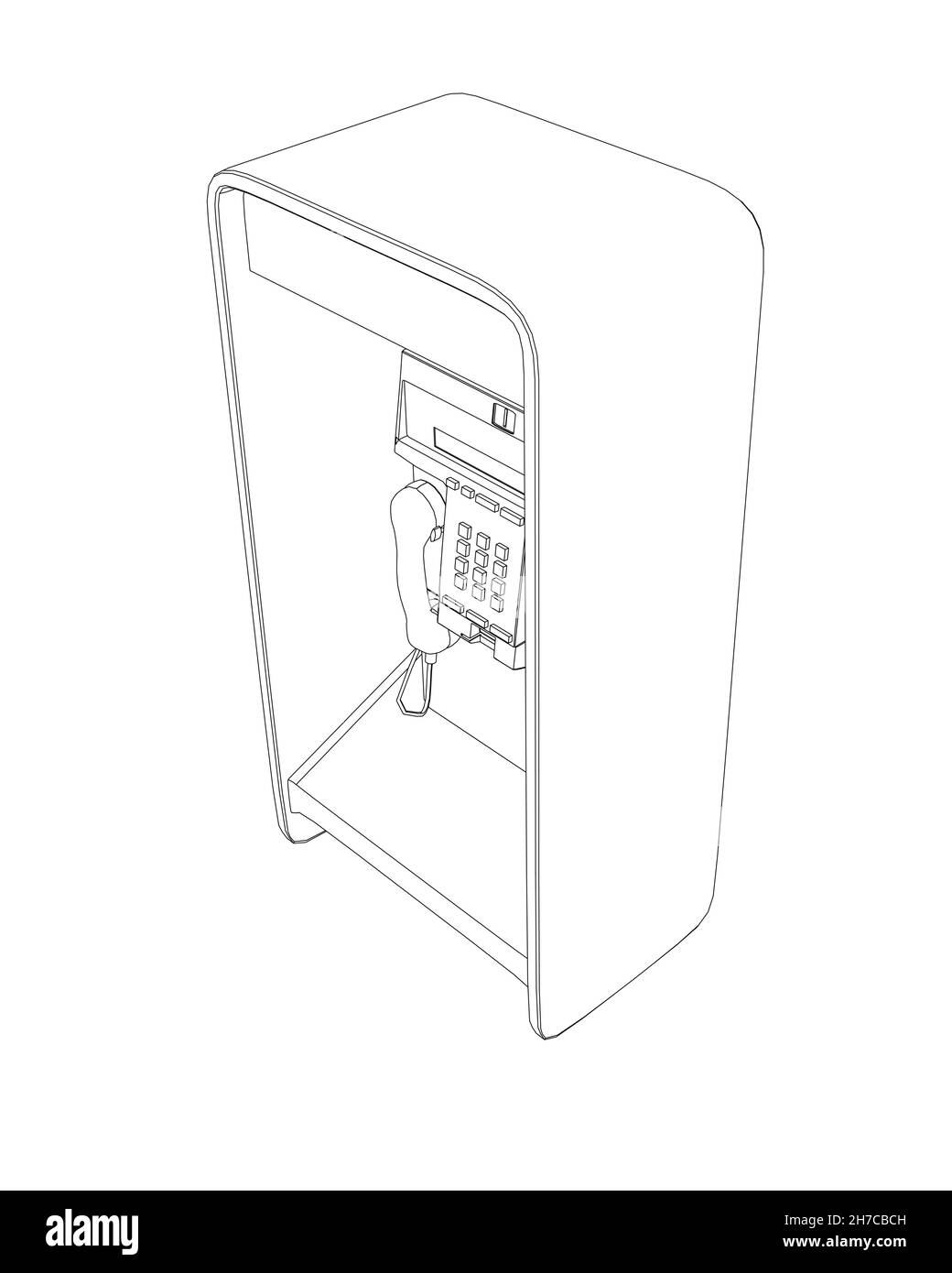 Umriss einer Kabine mit einem Straßtelefon aus schwarzen Linien isoliert auf weißem Hintergrund. Isometrische Ansicht. Vektorgrafik Stock Vektor