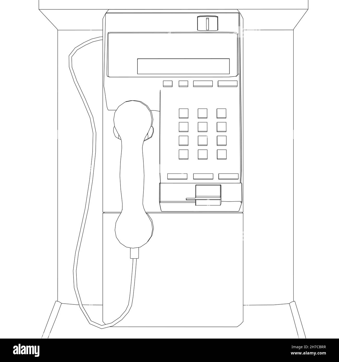 Umriss einer Kabine mit einem Straßtelefon aus schwarzen Linien isoliert auf weißem Hintergrund. Vorderansicht. Vektorgrafik Stock Vektor