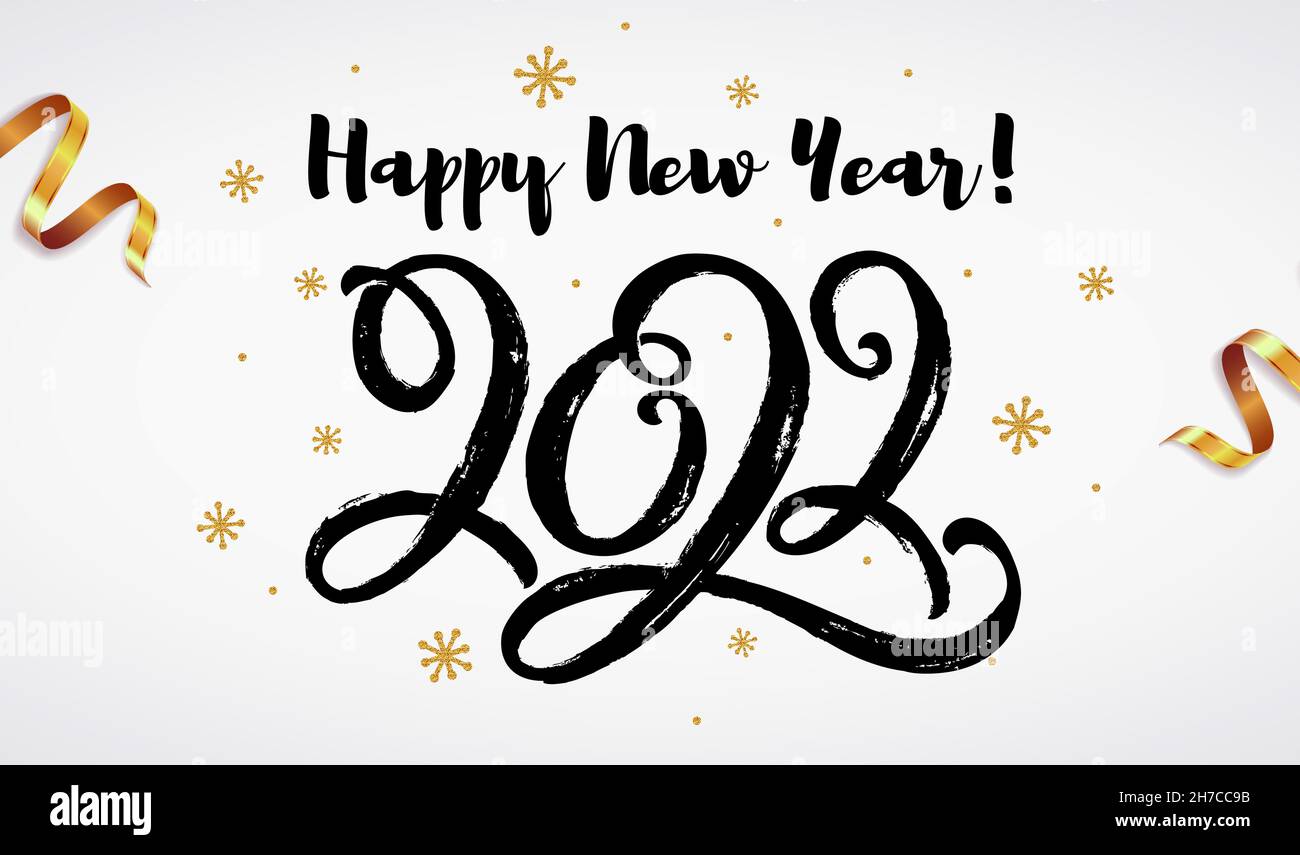 Happy New Year Banner mit Schriftzug 2022. Urlaub Vektor-Illustration mit handgezeichneten Pinsel Figuren und glänzenden Schneeflocken isoliert auf weiß. Stock Vektor