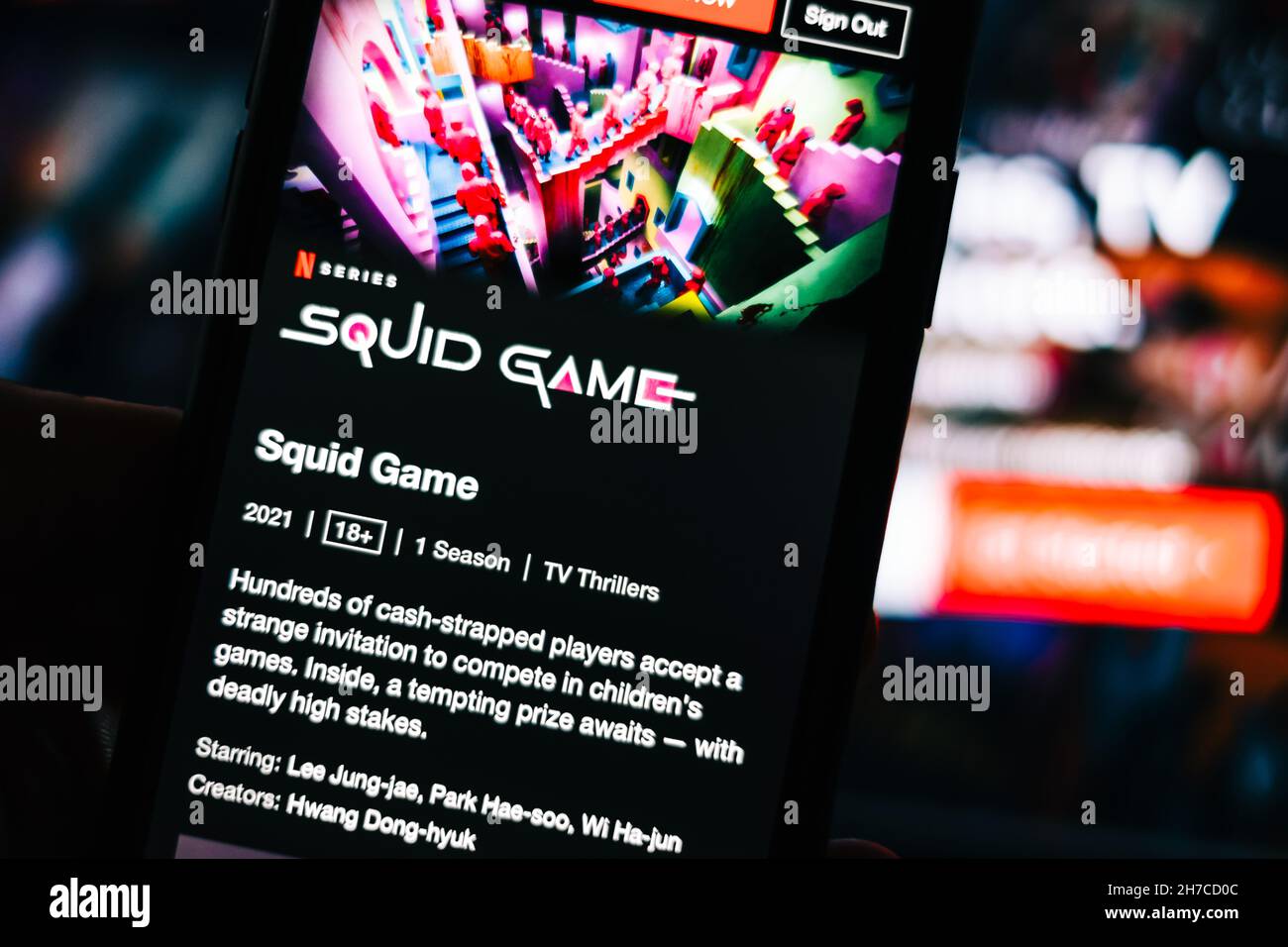 Logo der Squid Game tv-Serie von Netflix auf dem iPhone. Stockfoto