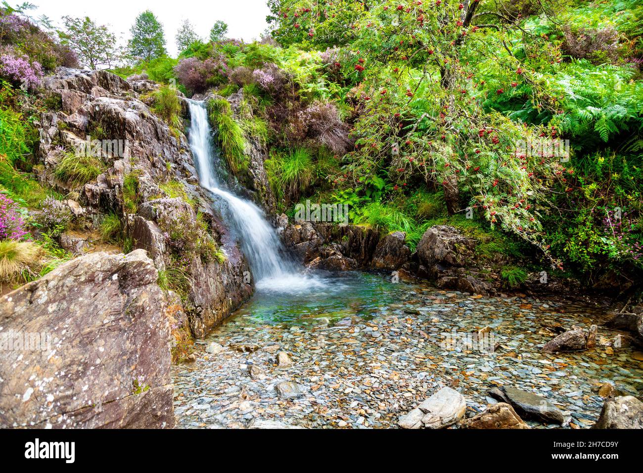 Kleiner Wasserfall auf dem Weg nach Mynydd Sygyn bei Beddgelert, Snowdonia, Wales, Großbritannien Stockfoto