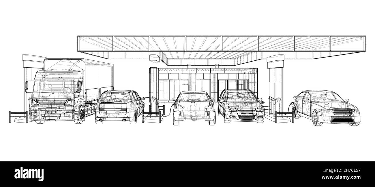 Elektroauto-Ladestation mit Autos und LKW Stockfoto
