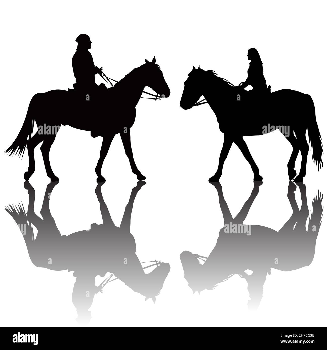 Mann und Frau reiten auf Pferden Silhouetten mit Schatten Stock Vektor