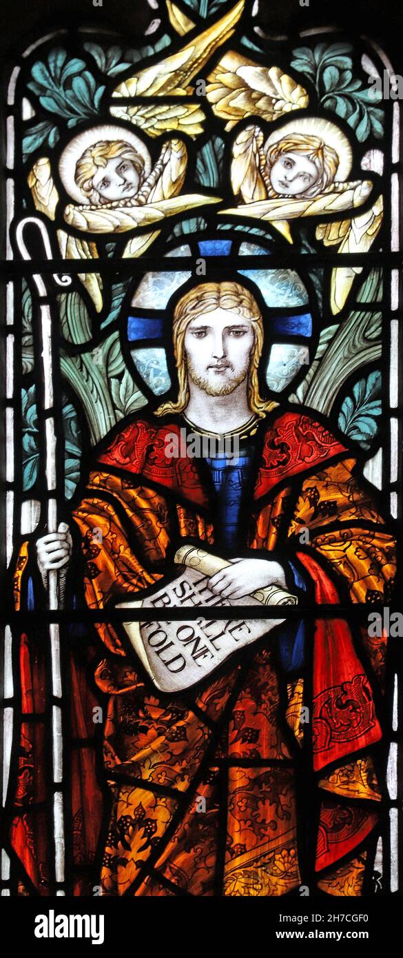 Ein Buntglasfenster aus dem Jahr 1902 (Designer J W Brown) von James Powell & Sons, das Christ, St James Church, Badsey, Worcestershire, darstellt Stockfoto