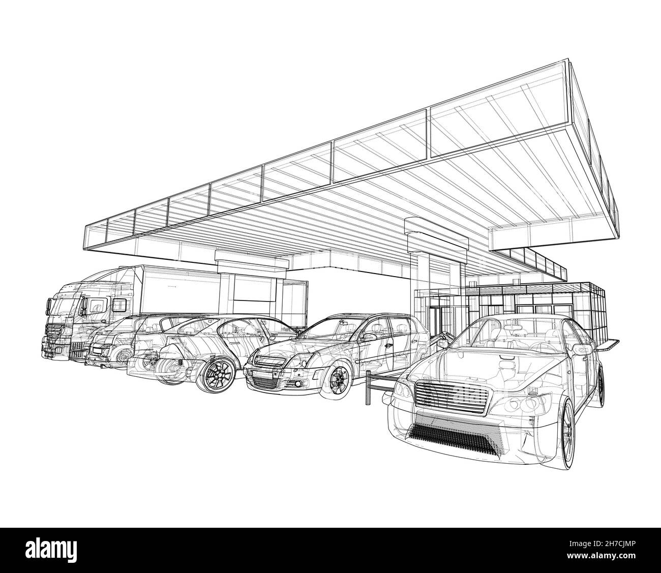 Elektroauto-Ladestation mit Autos und LKW Stockfoto
