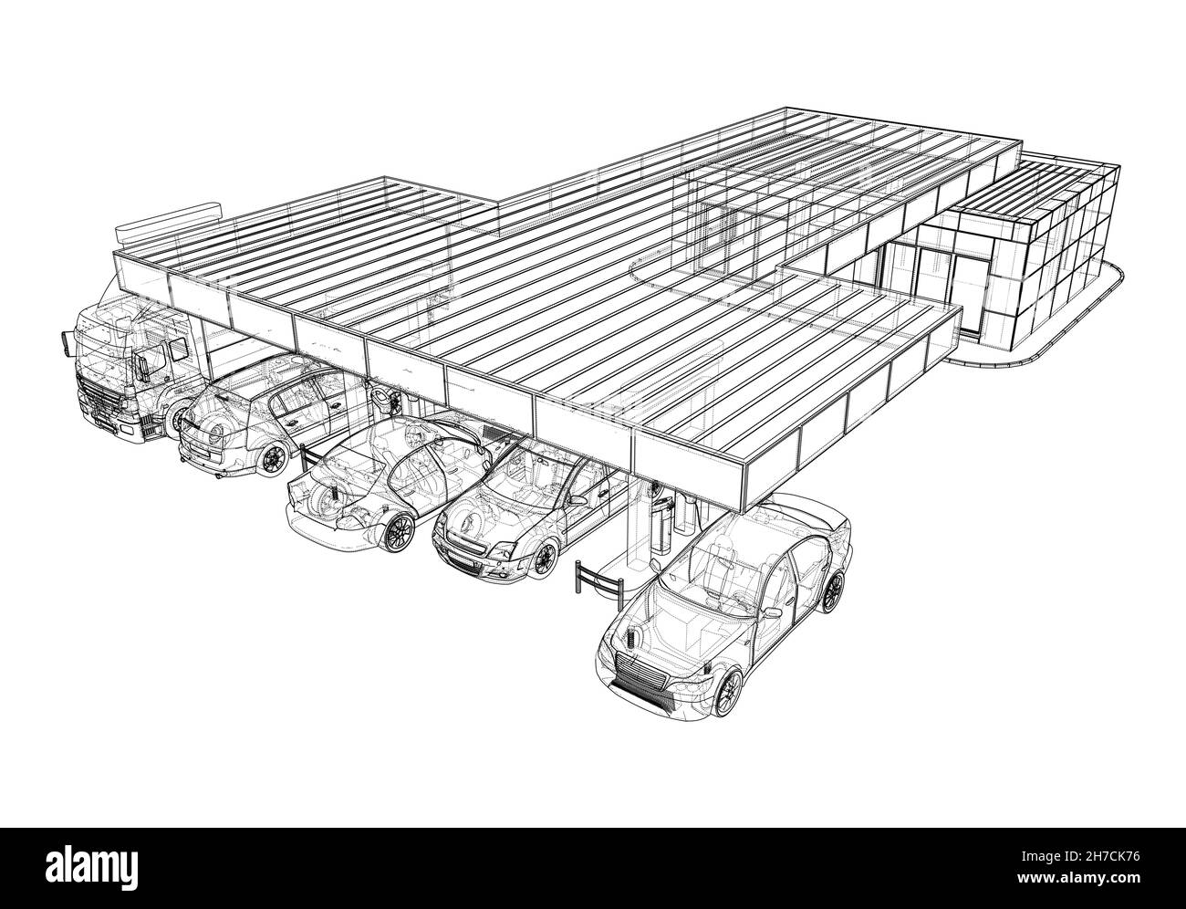 Elektroauto-Ladestation mit Autos und LKW Stockfoto