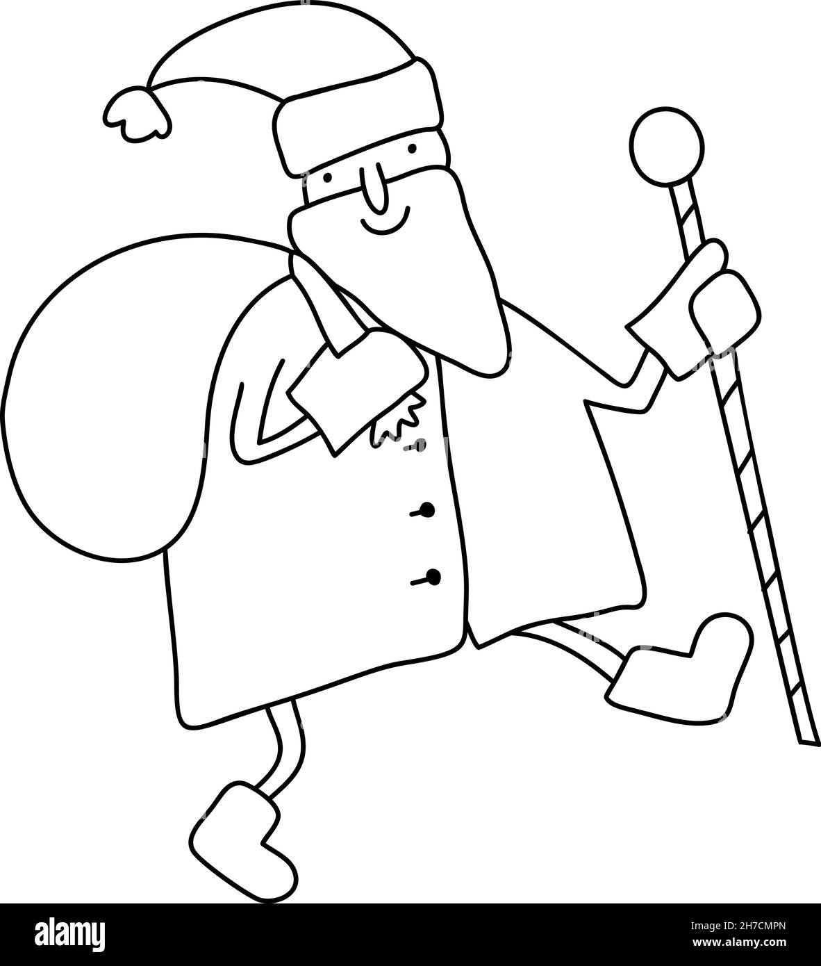Lustige Cartoon Vektor Monoline Weihnachtsmann mit Tasche mit Geschenken. Handgezeichnete Illustration für Weihnachts- und Neujahrsplakate, Geschenkanhänger und Etiketten Stock Vektor