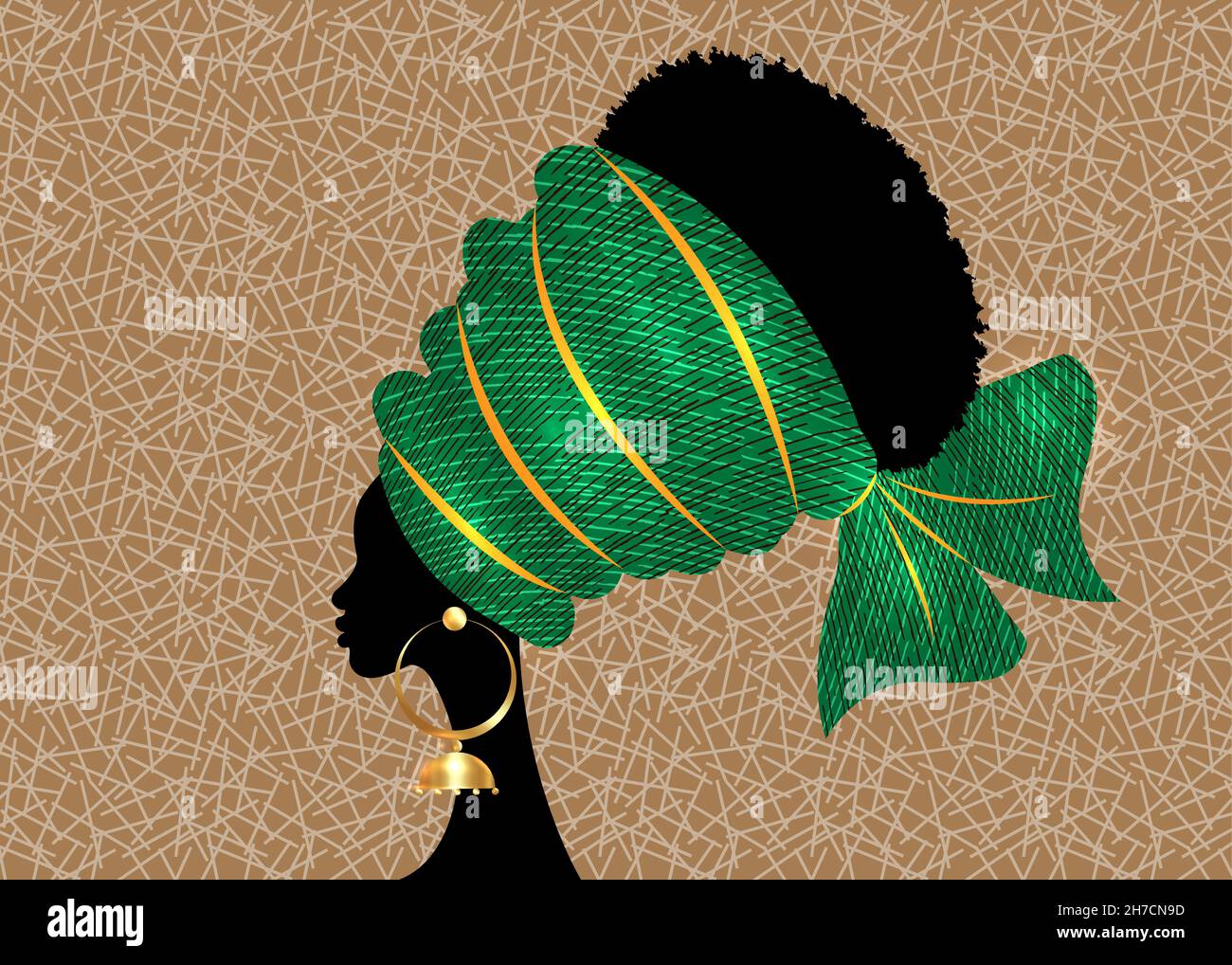 Portrait schöne afrikanische Frau im traditionellen Turban handgefertigten Tribal-Motiv, Kente Kopfumschlag African mit ethnischen Ohrringen, schwarze Frauen Afro lockig Stock Vektor