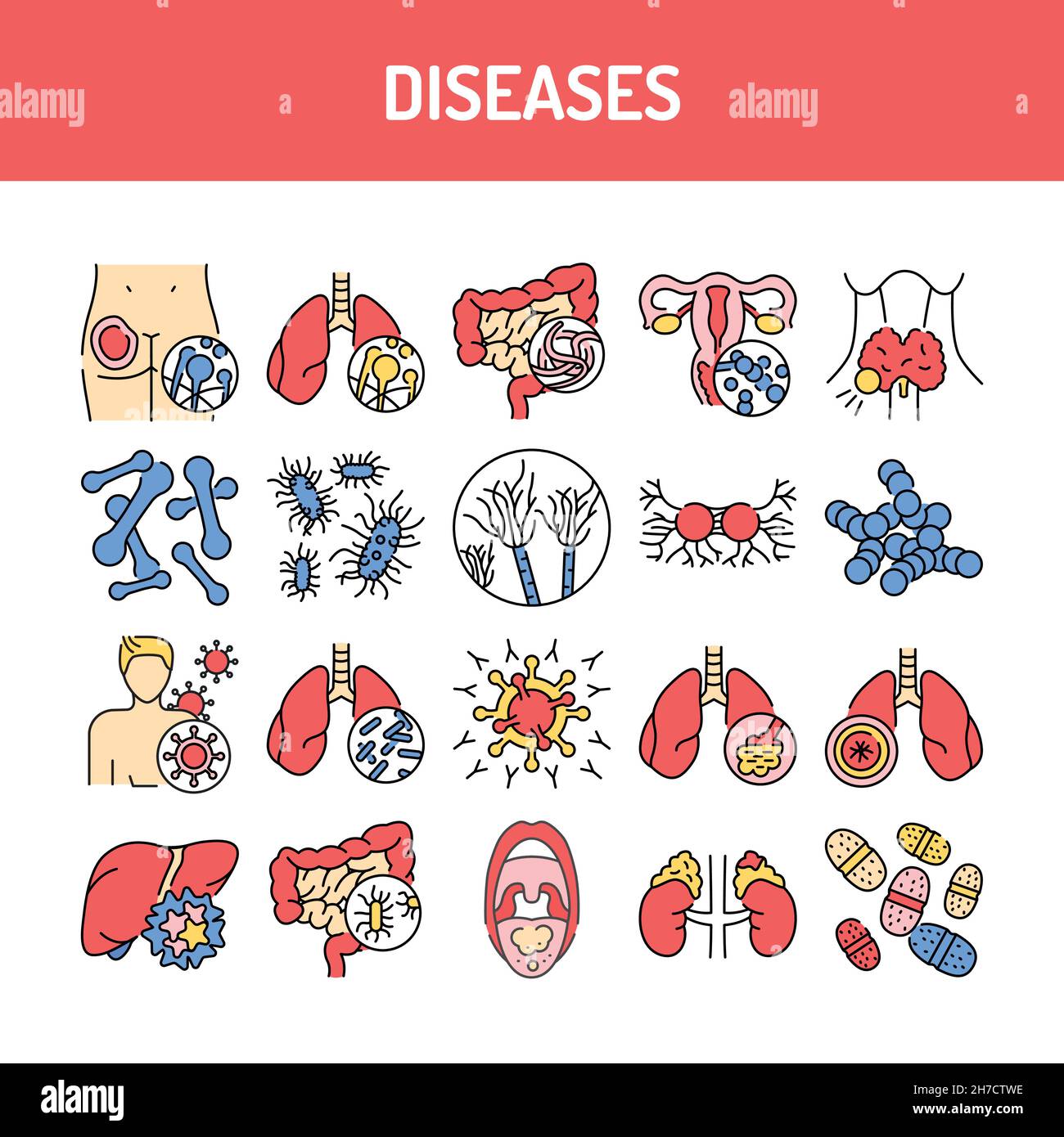 Symbole für die Farblinie „Krankheiten“ eingestellt. Piktogramme für Webseite Stock Vektor