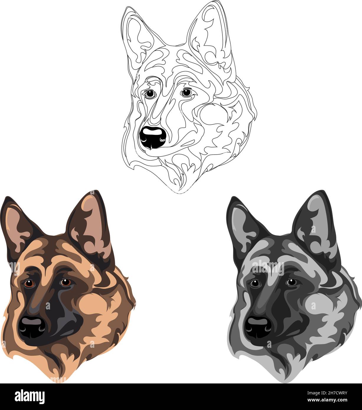 Deutscher Schäferhund, Hund, Schnauze eines Hundes, Hunderasse, Vektorbild eines Hundeportraits, Hund, Porträt, Silhouette eines Hundes, Vektordarstellung Stock Vektor