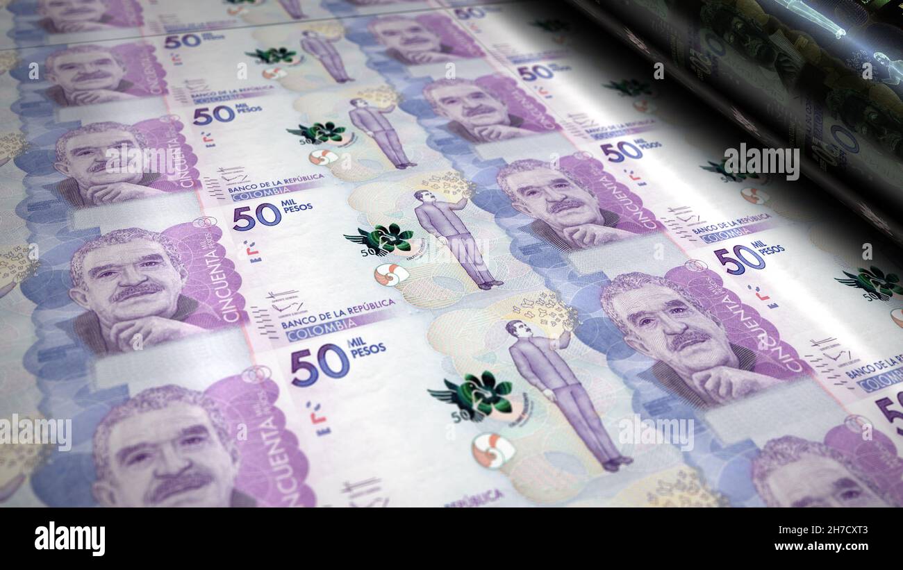 Kolumbien Pesos Gelddruck 3D Illustration. COP-Banknotendruck. Konzept von Finanzen, Bargeld, Wirtschaftskrise, Unternehmenserfolg, Rezession, bank, Steuer und Stockfoto