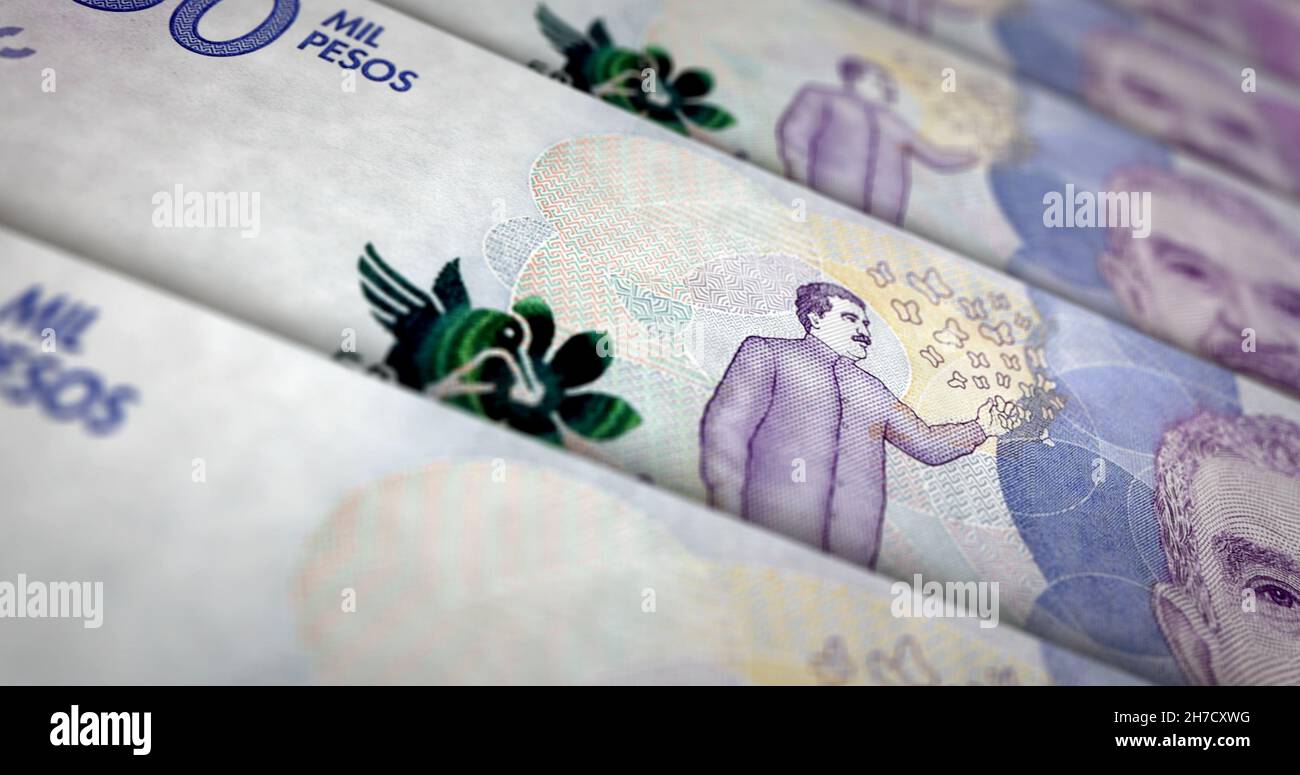 Kolumbien Pesos Gelddruck 3D Illustration. COP-Banknotendruck. Konzept von Finanzen, Bargeld, Wirtschaftskrise, Unternehmenserfolg, Rezession, bank, Steuer und Stockfoto