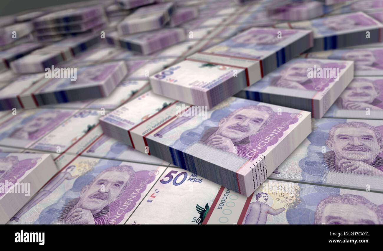 Kolumbien Pesos Geldpaket 3D Abbildung. COP-Banknotenbündelstapel. Konzept von Finanzen, Bargeld, Wirtschaftskrise, Unternehmenserfolg, Rezession, bank, Ta Stockfoto