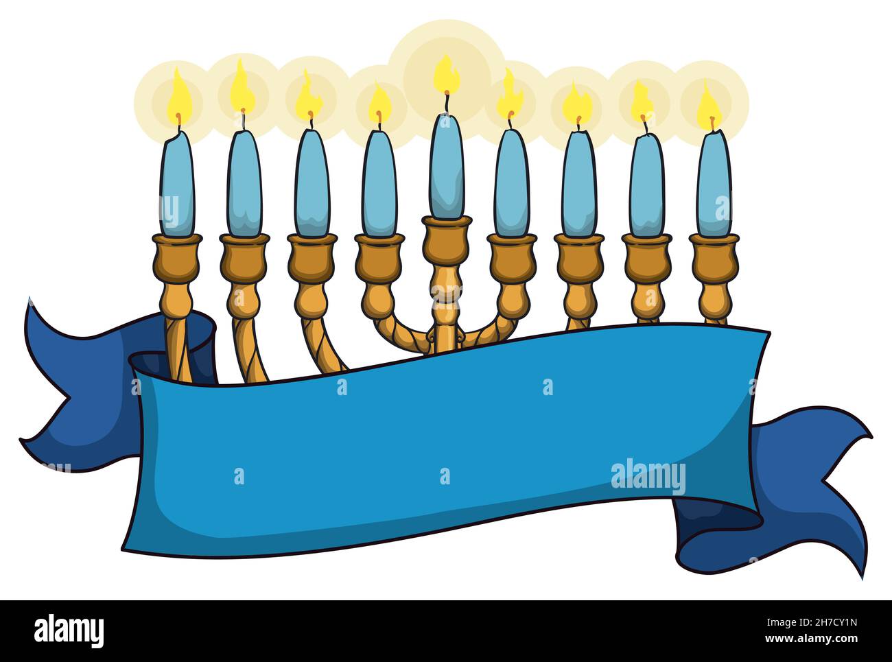 Vorlage Design von Hanukkiah mit allen neun Kerzen angezündet, dekoriert mit einem leeren blauen Band für die Chanukka-Feier. Stock Vektor