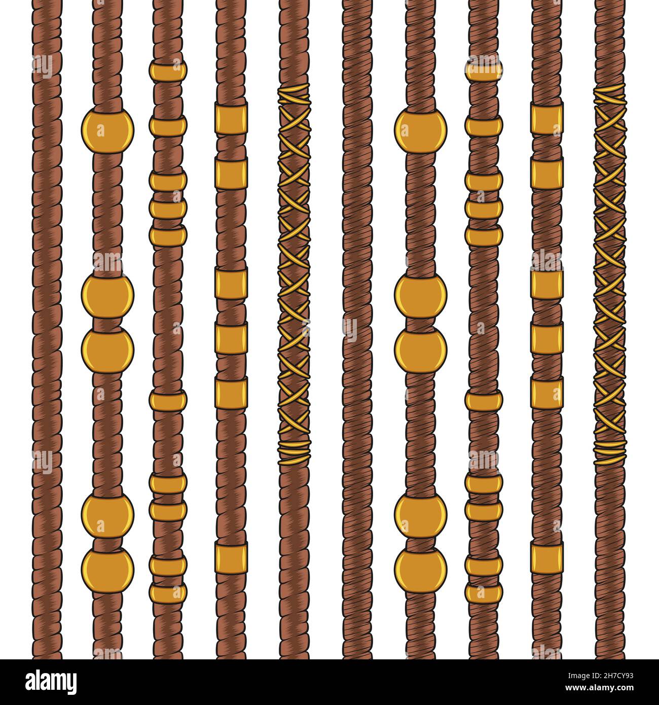 Set von farbigen nahtlosen Mustern mit Dreadlocks. Isolierte Vektorobjekte auf weißem Hintergrund. Stock Vektor