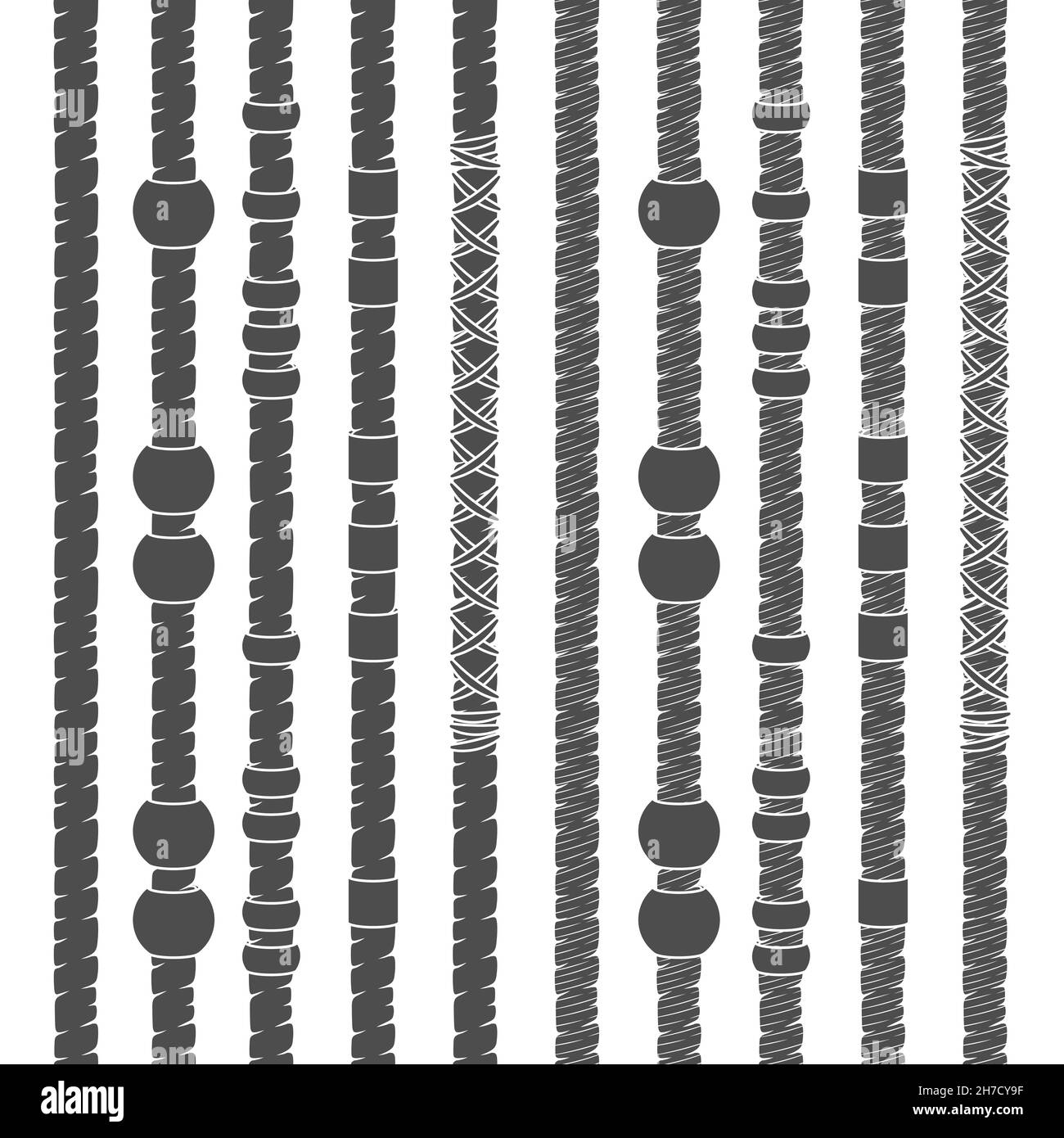 Set aus nahtlosen schwarz-weißen Mustern mit Dreadlocks. Isolierte Vektorobjekte auf weißem Hintergrund. Stock Vektor