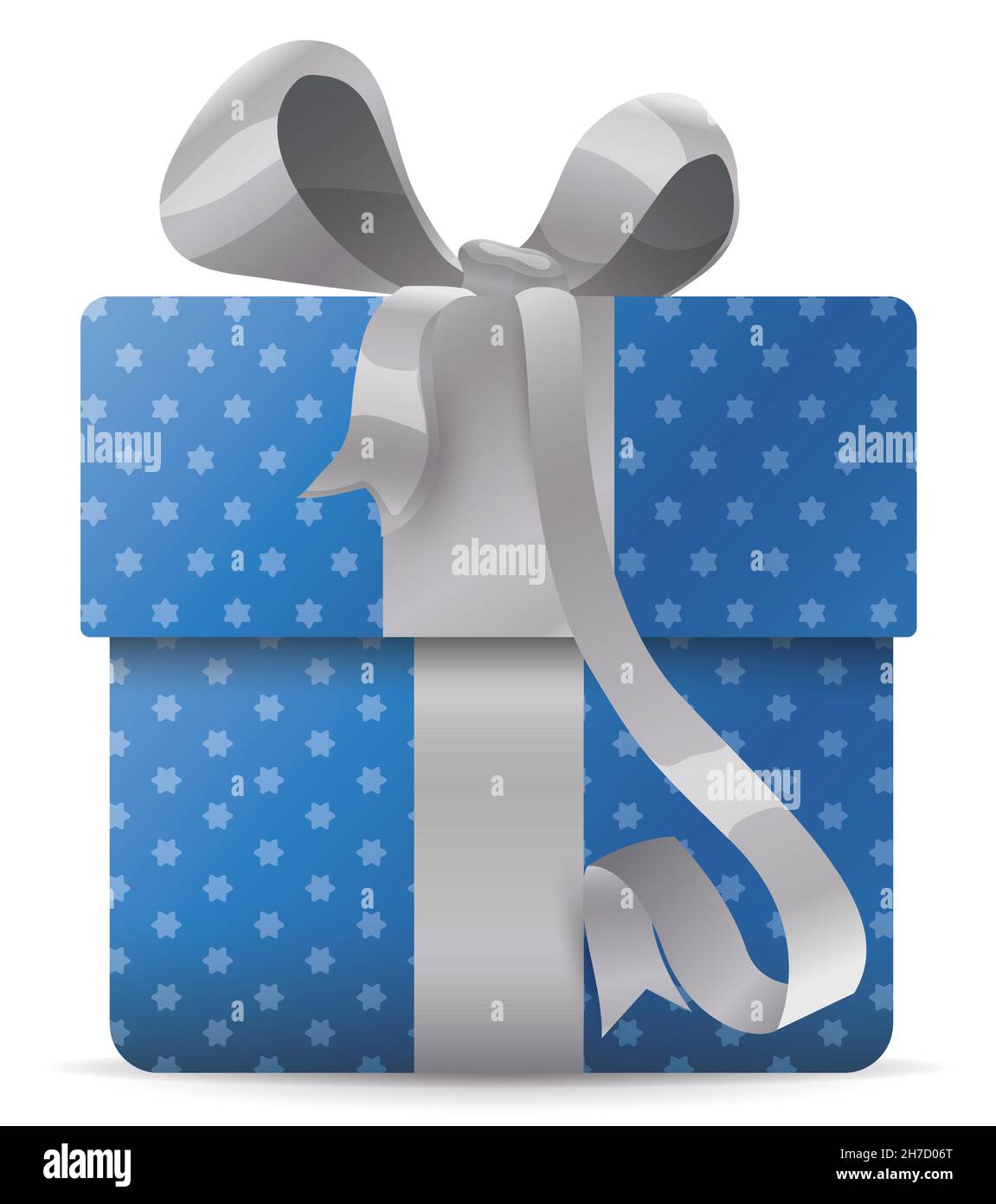 Ansicht der riesigen Geschenkbox mit blau und sternenklaren glänzenden Papier mit Mustern, verziert und silbernen Band und Schleife dekoriert. Stock Vektor