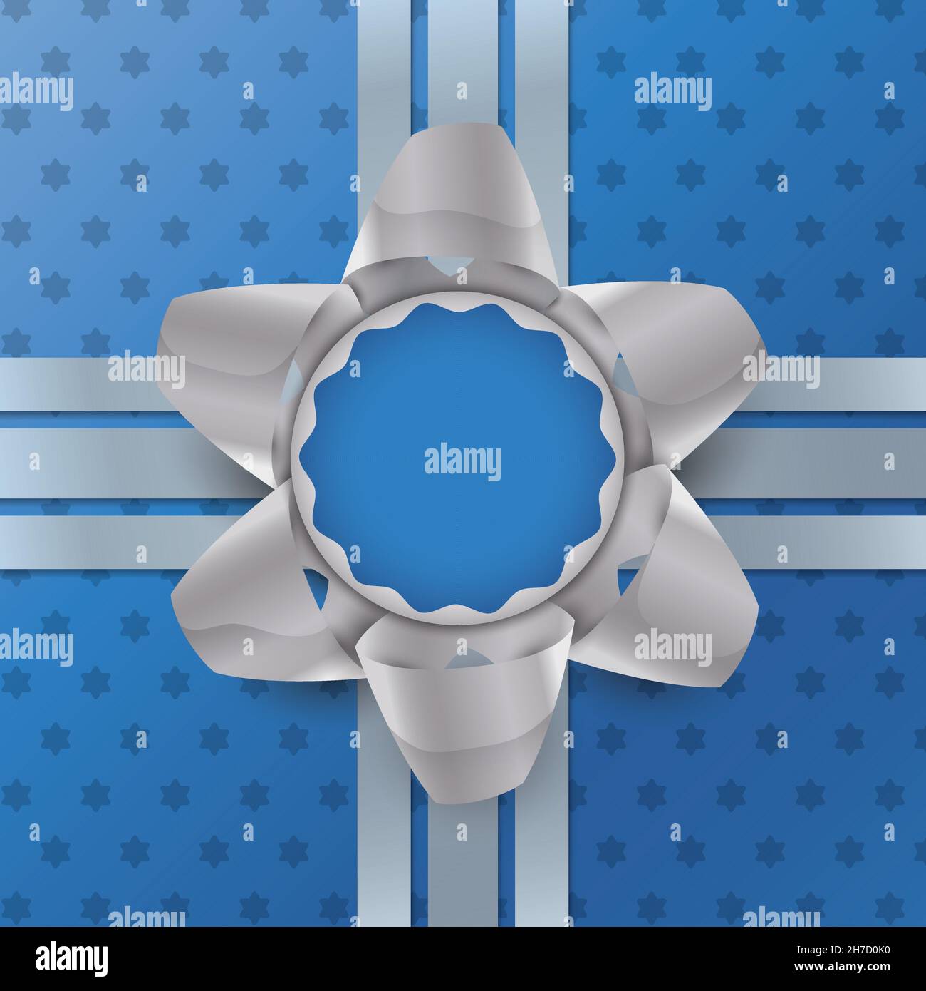 Silberne Bänder und Schleife über blauem Papier, verziert mit Sternen für Chanukka. Stock Vektor