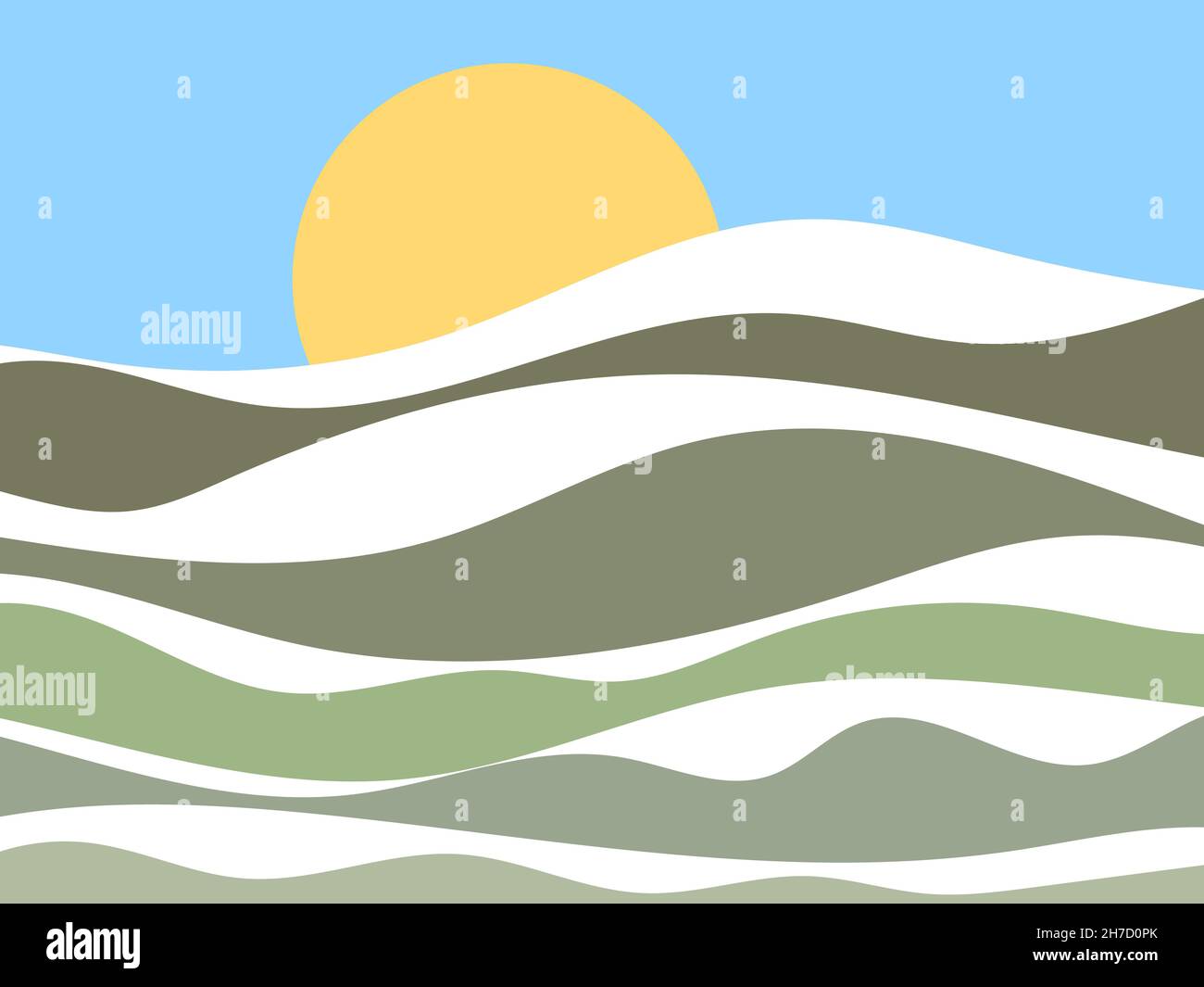 Winterlandschaft mit verschneiten Hügeln. Berglandschaft im flachen Stil, winterliches kaltes Wetter. Blick auf die schneebedeckten Hügel. Design für Drucke und poste Stock Vektor