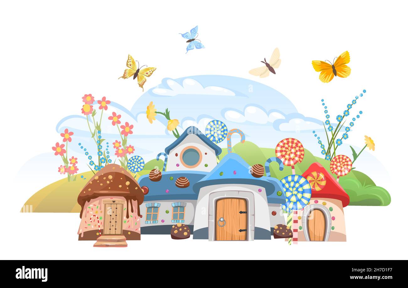 Süßes Dorf von kleinen Feen auf der Wiese mit Schmetterlingen. Süßes Karamell-Feenhaus. Illustration im Cartoon-Stil flache Design. Bild für Kinder Stock Vektor