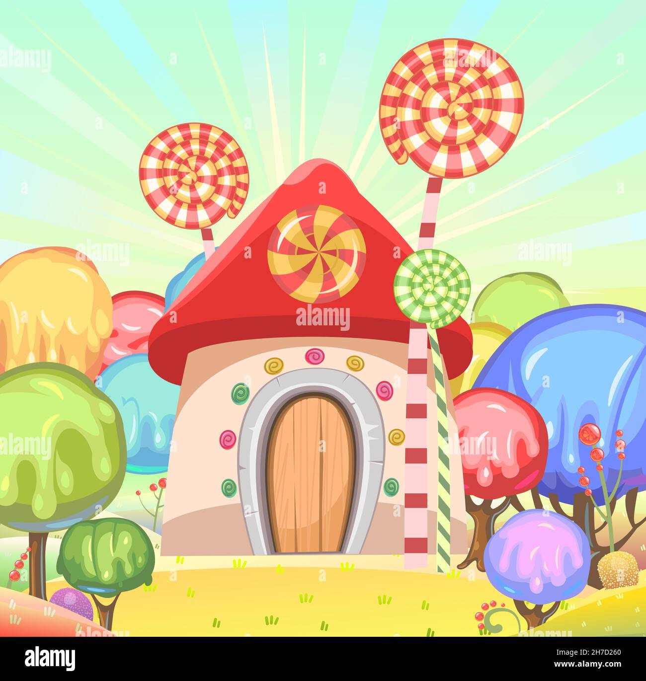 Candy-Hut. Süßes Karamell-Feenhaus. Sommer niedliche Landschaft. Illustration im Cartoon-Stil flache Design. Bild für Kinder. Vektor Stock Vektor