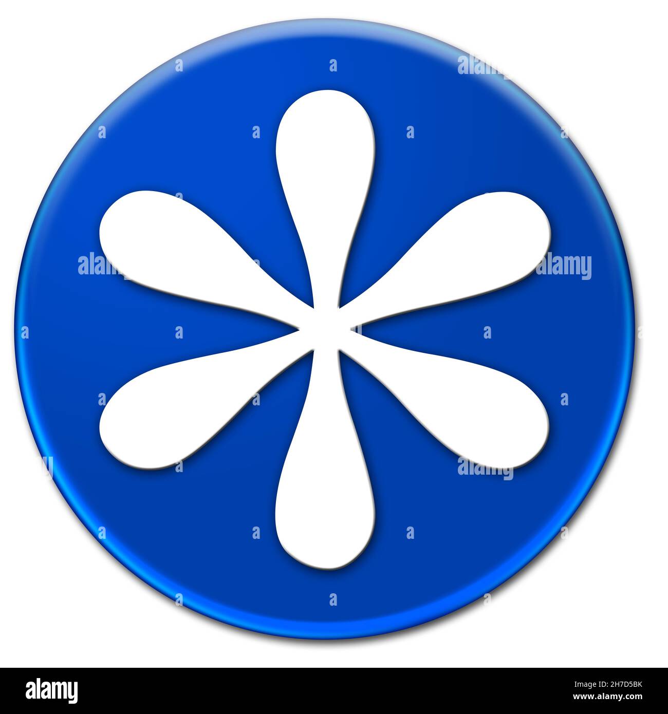 Ein weißes Blumensymbol auf einem blauen, glasigen Knopf, isoliert auf weißem Hintergrund Stockfoto