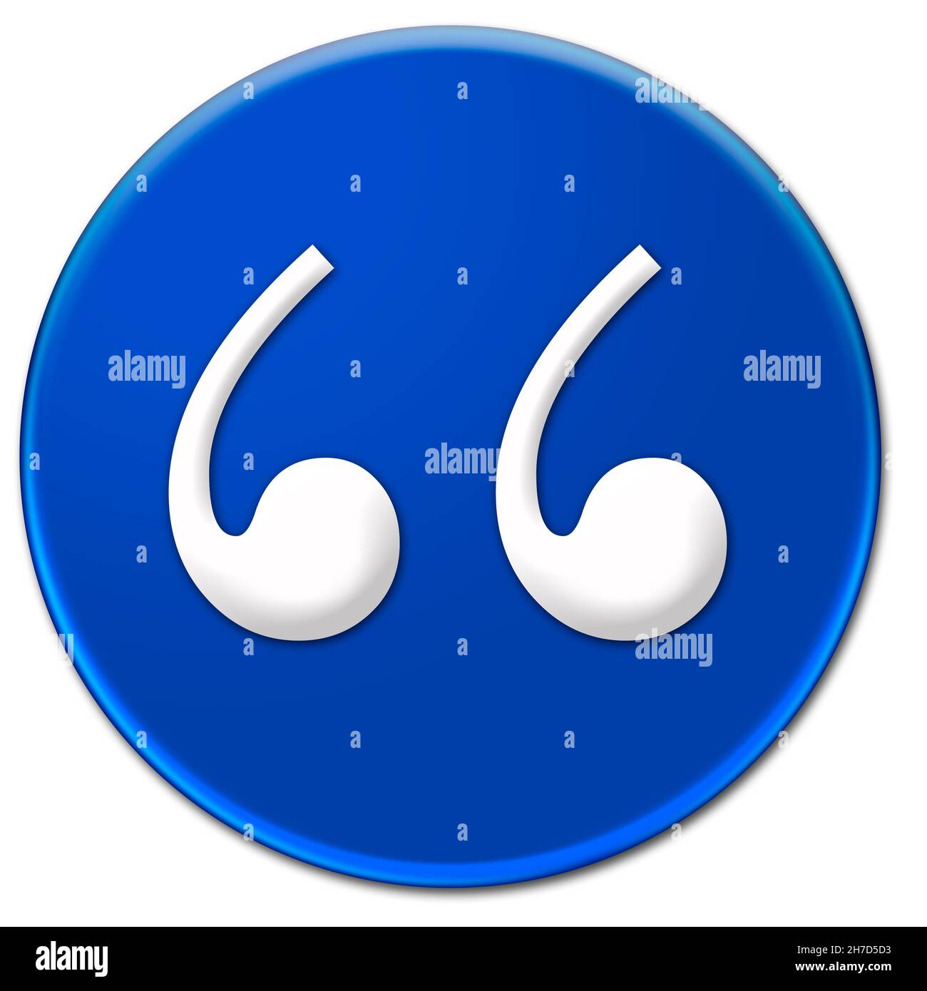 Ein weißes Anführungszeichen Bodoni MT-Schrifttyp auf einem blauen, glasigen Knopf, der auf weißem Hintergrund isoliert ist Stockfoto